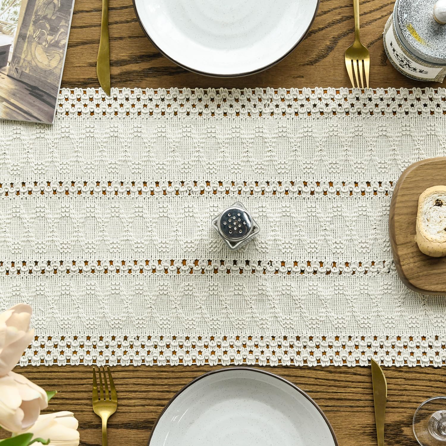 Beige Farmhouse Woven Rustic Hollow Table Runner, Seasonal Holiday Hollow Kitchen Dining Table Decoration for Home Party Decor 12x72 Inch