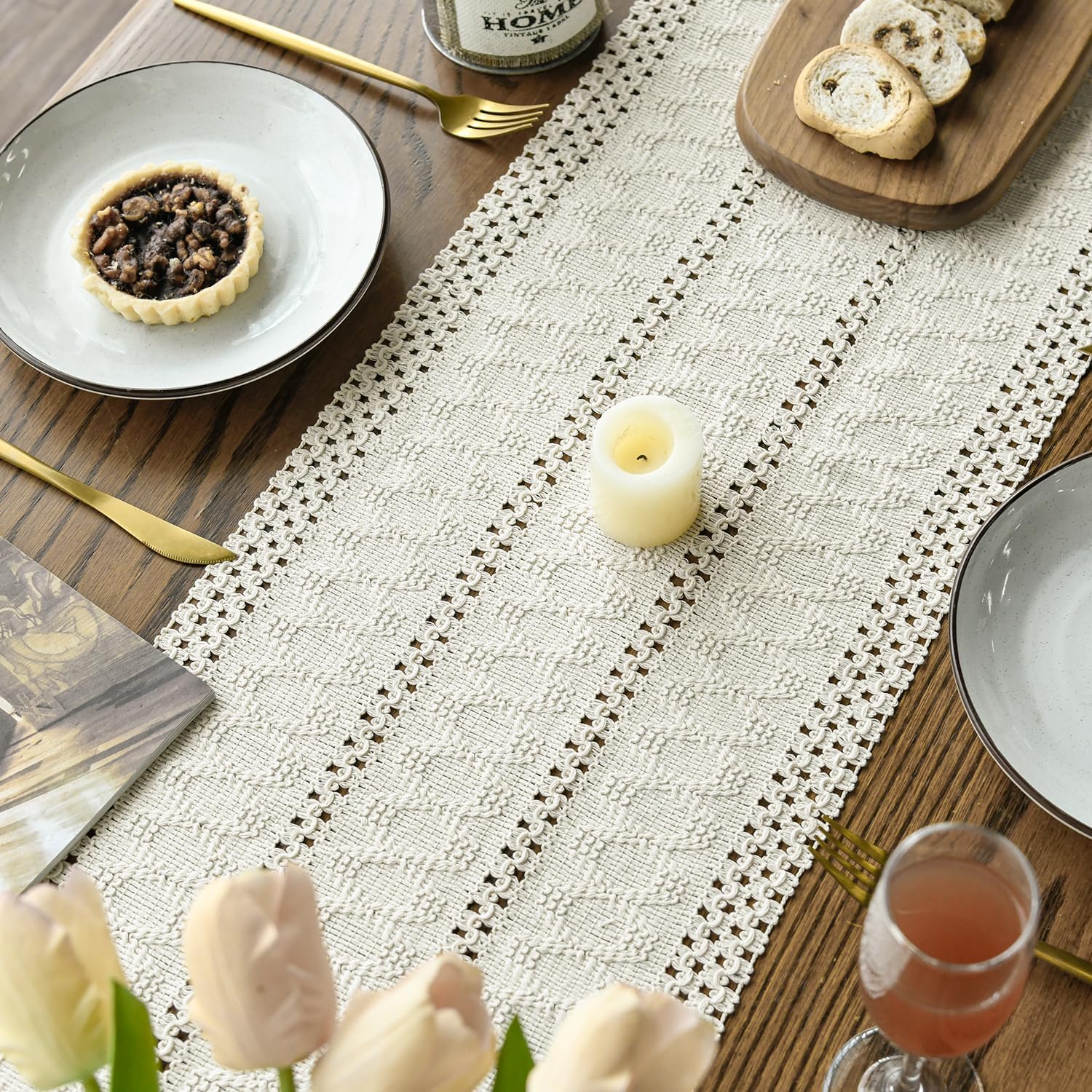Beige Farmhouse Woven Rustic Hollow Table Runner, Seasonal Holiday Hollow Kitchen Dining Table Decoration for Home Party Decor 12x72 Inch