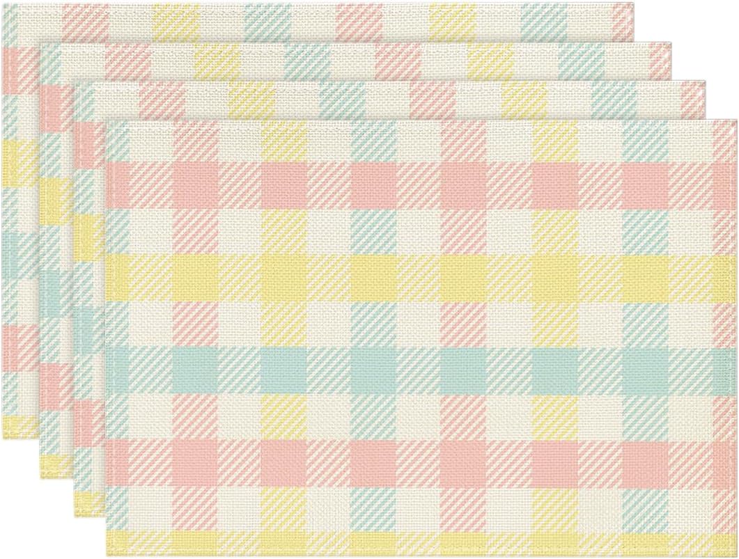 Blue Pink Yellow Buffalo Plaid Placemats Set of 4, 12x18 Inch Seasonal Easter Table Mats for Party Kitchen Dining Decoration