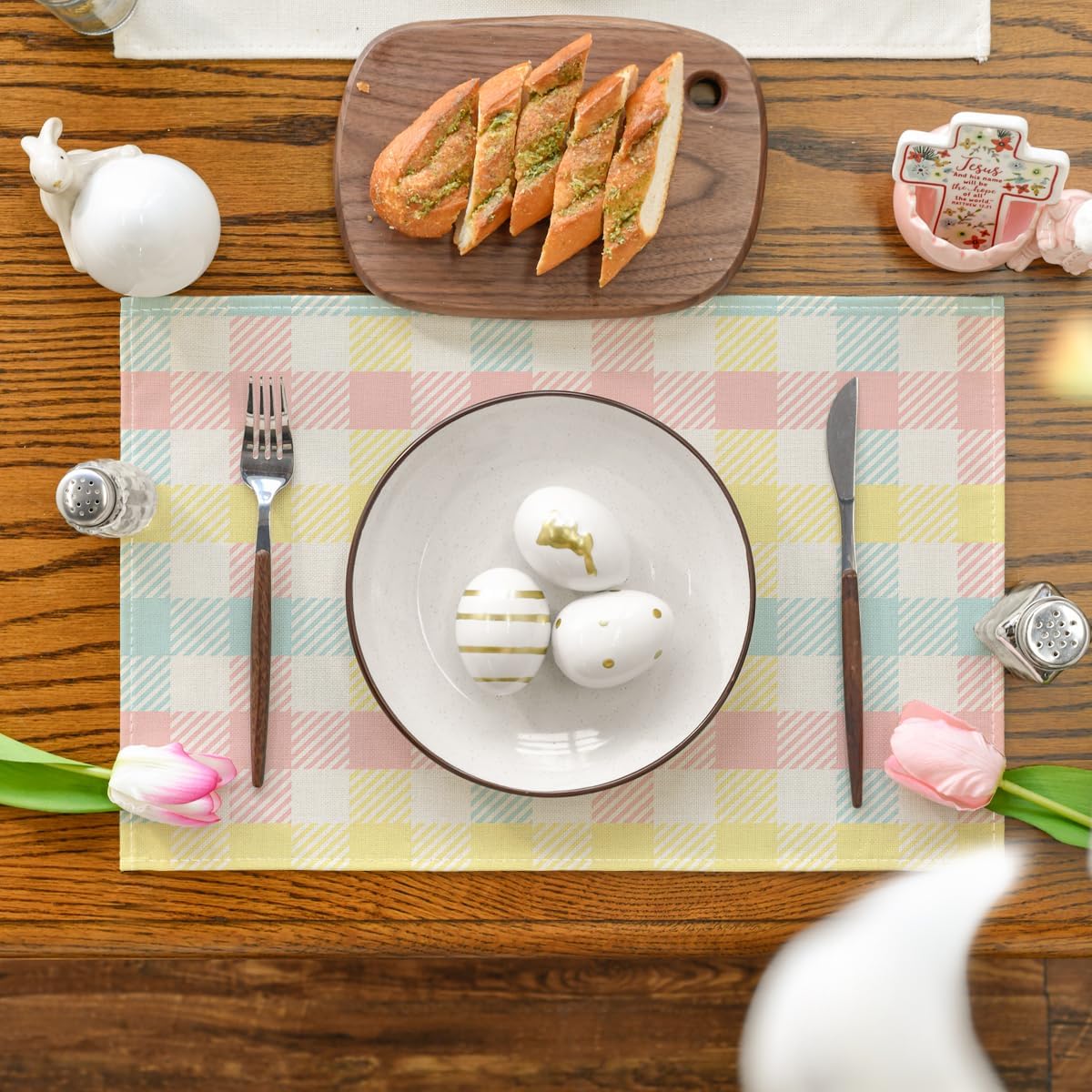 Blue Pink Yellow Buffalo Plaid Placemats Set of 4, 12x18 Inch Seasonal Easter Table Mats for Party Kitchen Dining Decoration