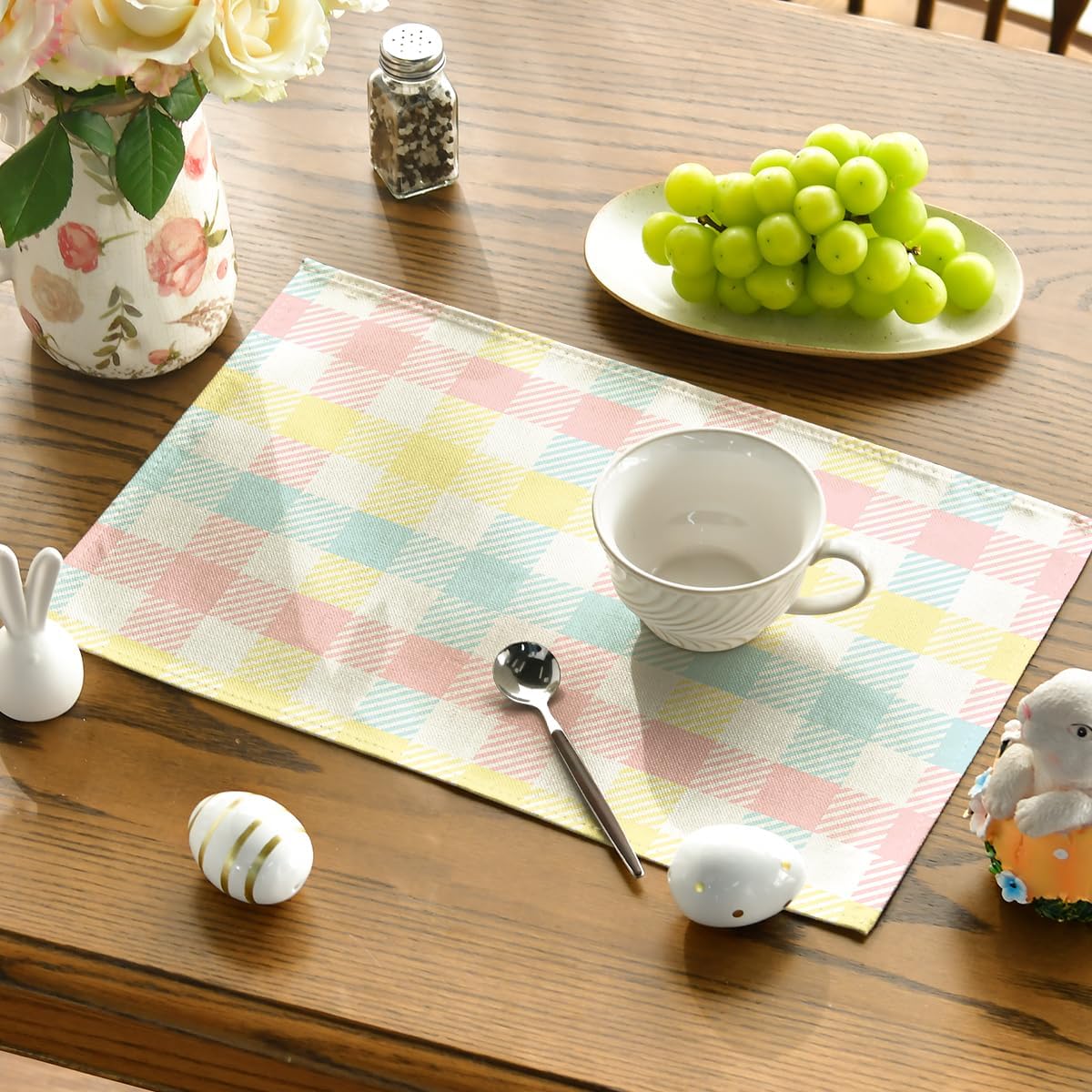 Blue Pink Yellow Buffalo Plaid Placemats Set of 4, 12x18 Inch Seasonal Easter Table Mats for Party Kitchen Dining Decoration