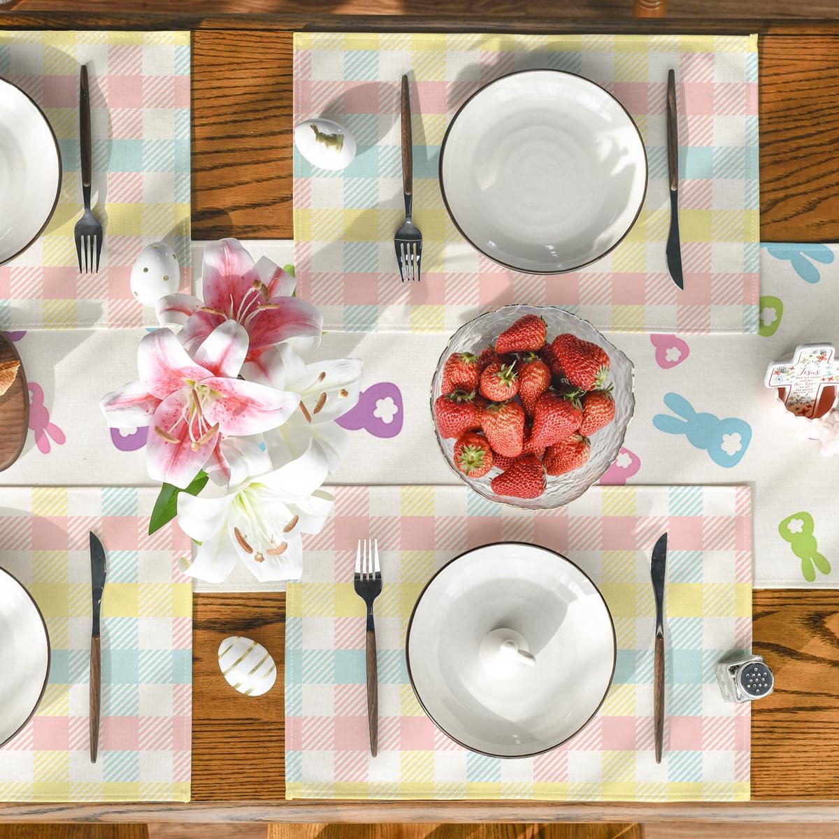 Blue Pink Yellow Buffalo Plaid Placemats Set of 4, 12x18 Inch Seasonal Easter Table Mats for Party Kitchen Dining Decoration