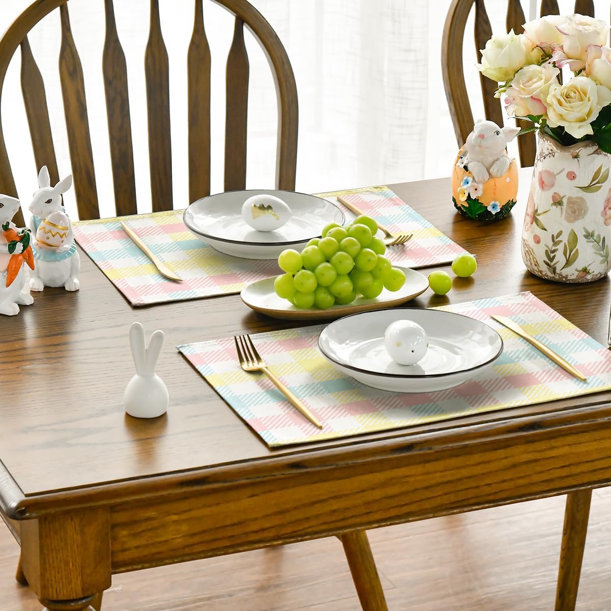 Blue Pink Yellow Buffalo Plaid Placemats Set of 4, 12x18 Inch Seasonal Easter Table Mats for Party Kitchen Dining Decoration