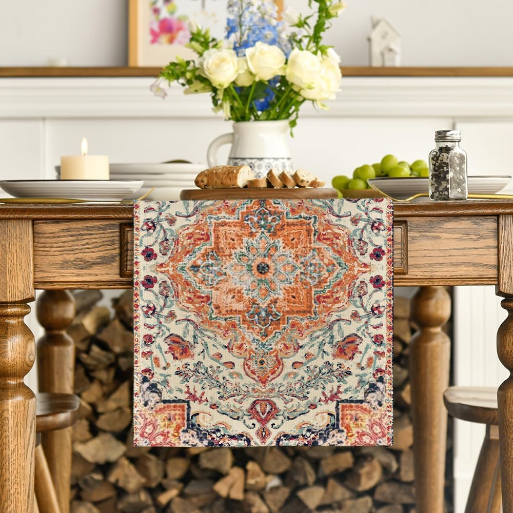 Boho Bohemia Style Orange Table Runner, Country Rustic Farmhouse Magical Fall Kitchen Dining Table Decoration for Home Party Decor 13x72 Inch