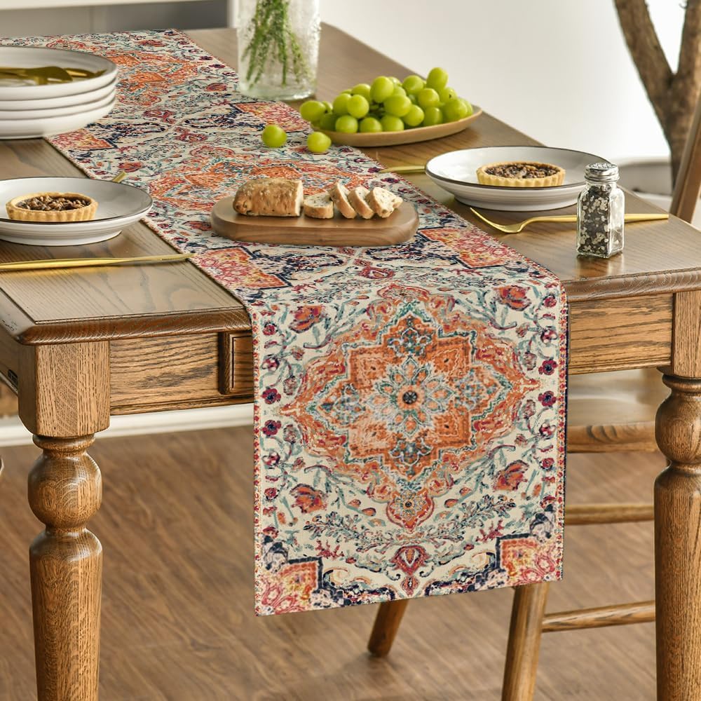 Boho Bohemia Style Orange Table Runner, Country Rustic Farmhouse Magical Fall Kitchen Dining Table Decoration for Home Party Decor 13x72 Inch
