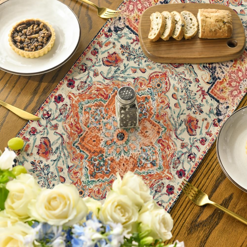 Boho Bohemia Style Orange Table Runner, Country Rustic Farmhouse Magical Fall Kitchen Dining Table Decoration for Home Party Decor 13x72 Inch