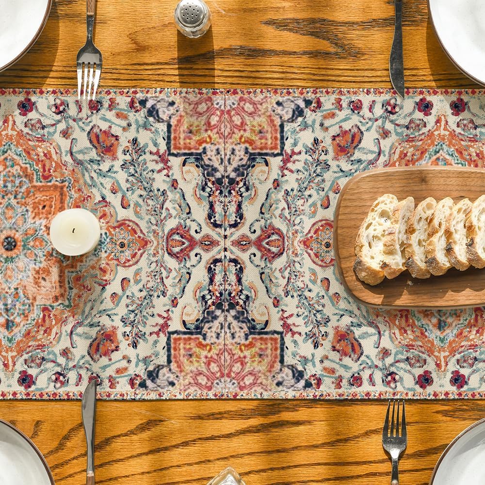 Boho Bohemia Style Orange Table Runner, Country Rustic Farmhouse Magical Fall Kitchen Dining Table Decoration for Home Party Decor 13x72 Inch