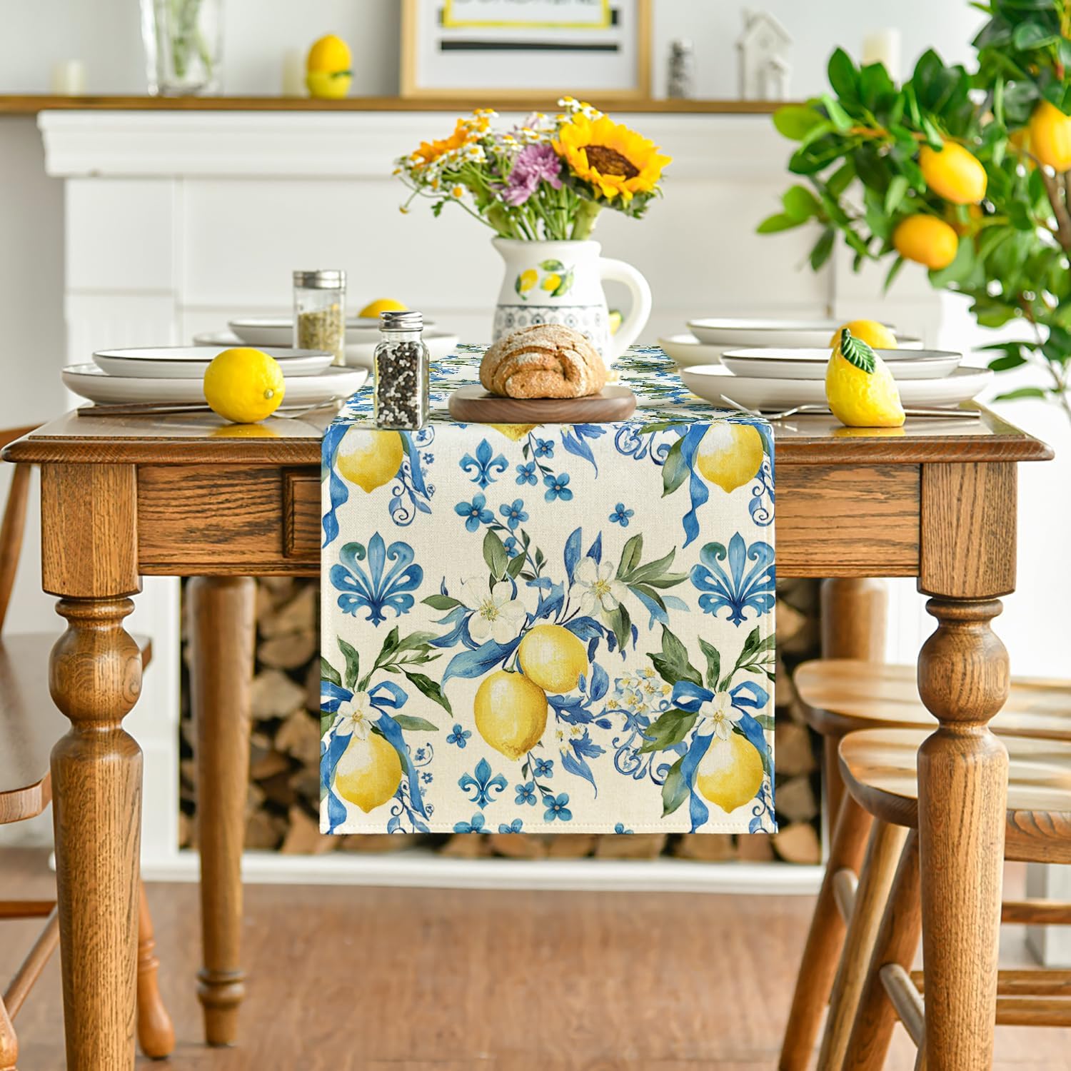 Blue Lemon Iris Summer Table Runner, Seasonal Spring Kitchen Dining Table Decor for Home Party Decor 13x72 Inch