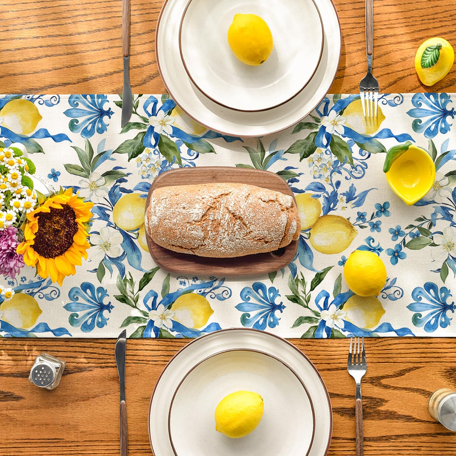 Blue Lemon Iris Summer Table Runner, Seasonal Spring Kitchen Dining Table Decor for Home Party Decor 13x72 Inch
