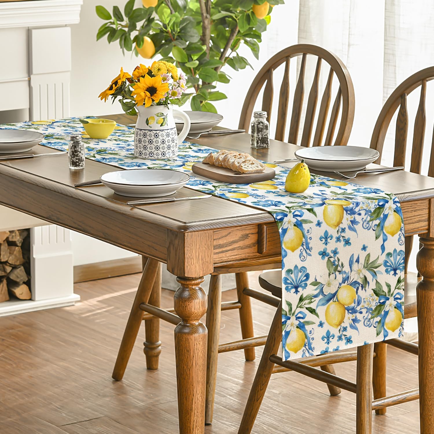 Blue Lemon Iris Summer Table Runner, Seasonal Spring Kitchen Dining Table Decor for Home Party Decor 13x72 Inch