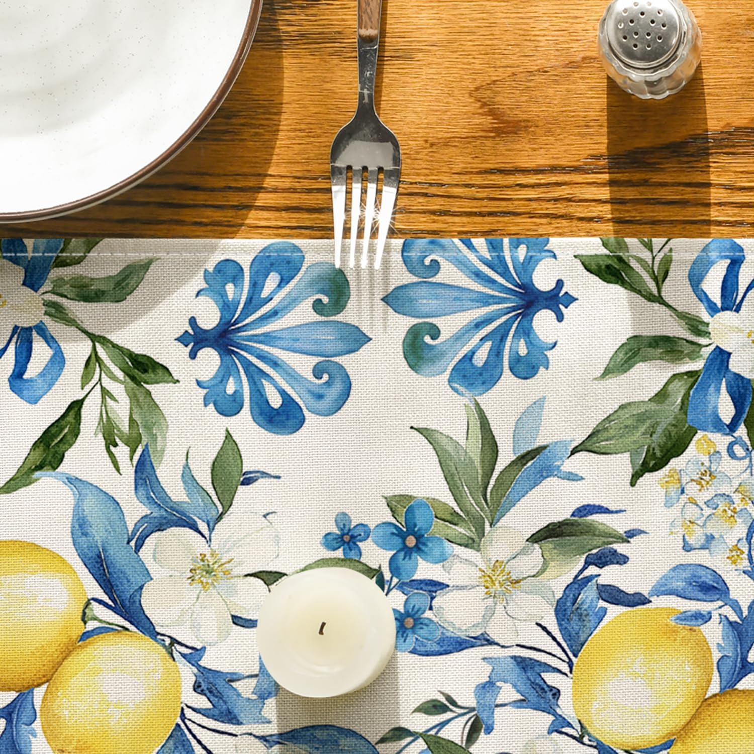 Blue Lemon Iris Summer Table Runner, Seasonal Spring Kitchen Dining Table Decor for Home Party Decor 13x72 Inch