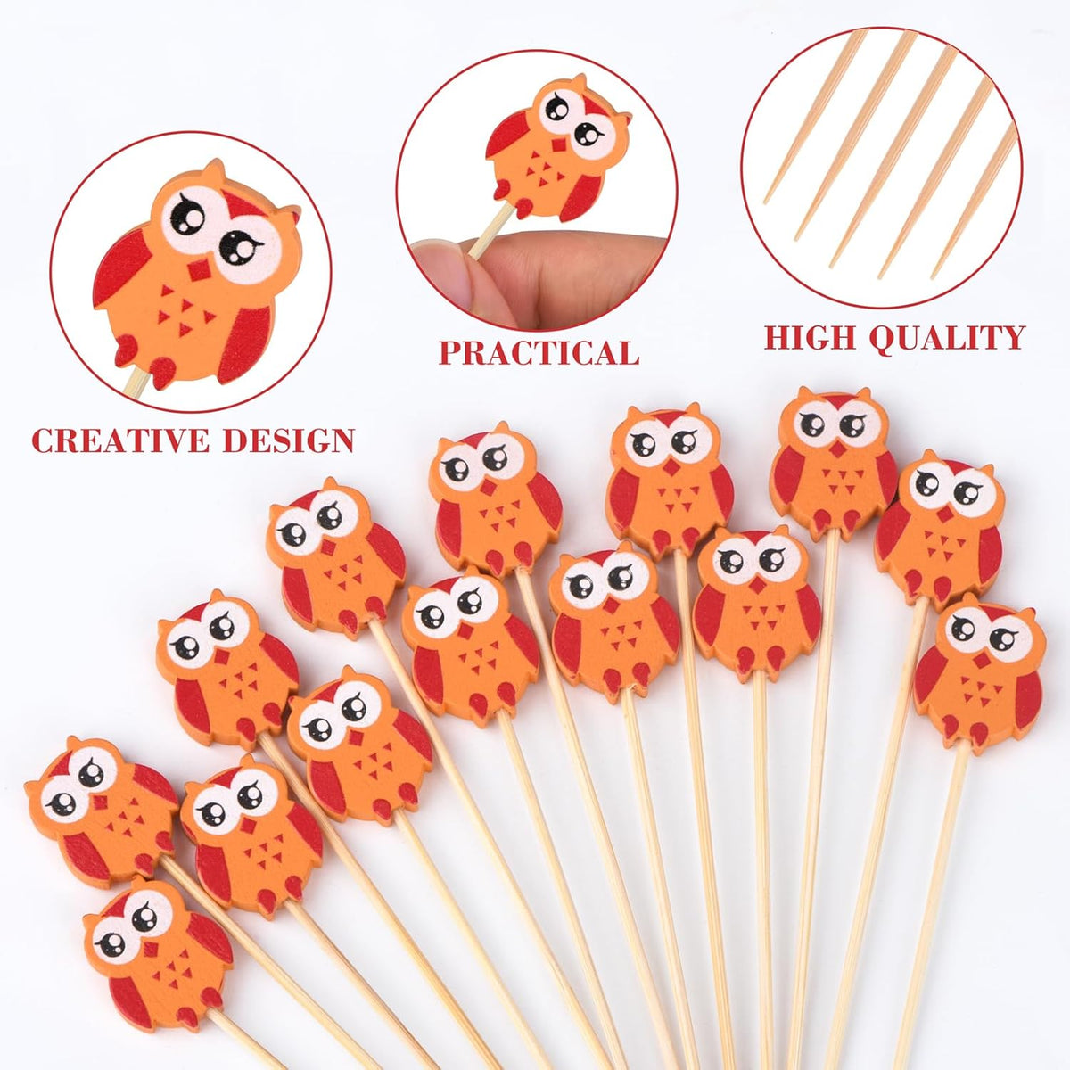 100 Pack Owl Toothpicks for Appetizers, 4.7 Inch Natural Bamboo Cocktail Picks for Cake Dessert Food Picks Wedding Birthday Party Decoration