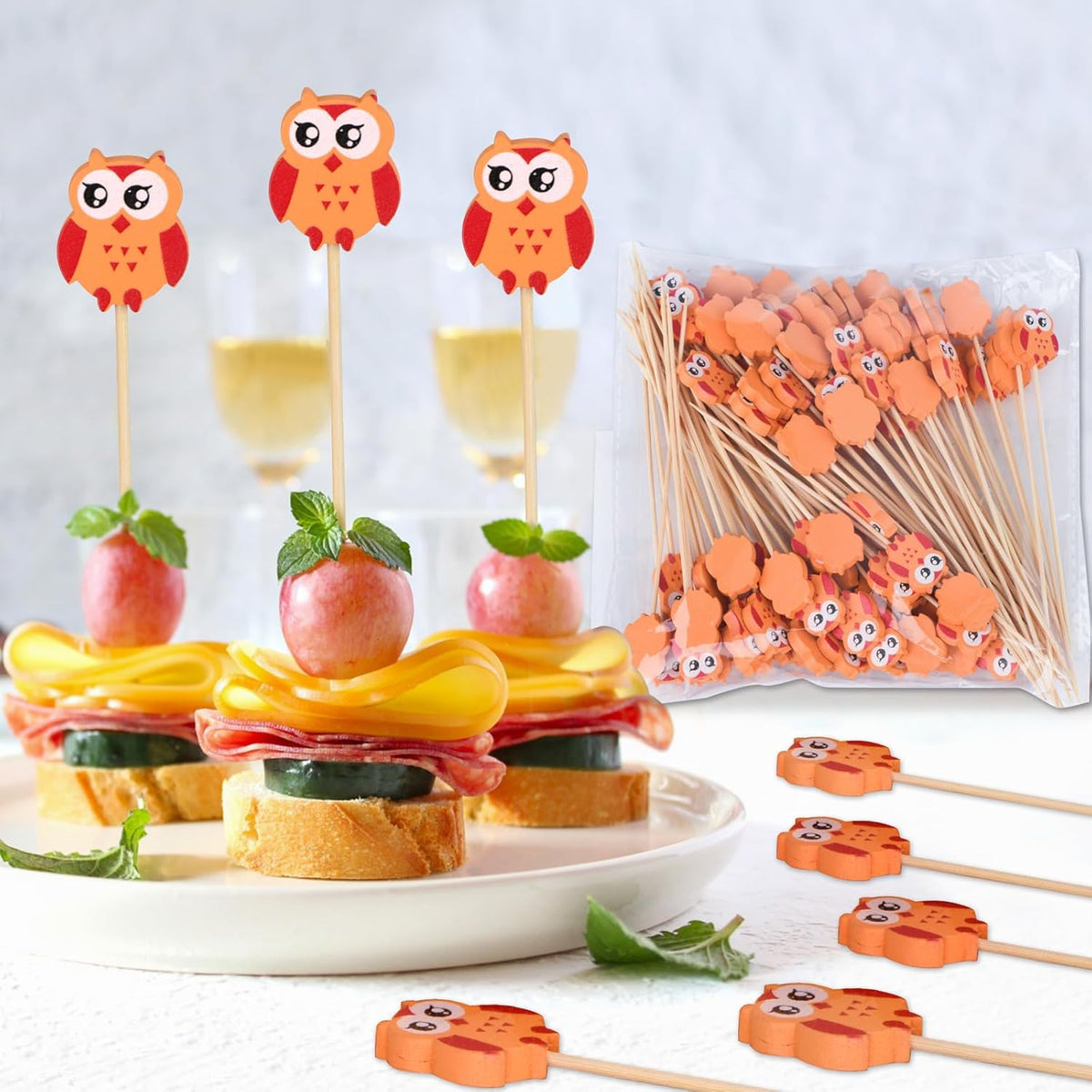100 Pack Owl Toothpicks for Appetizers, 4.7 Inch Natural Bamboo Cocktail Picks for Cake Dessert Food Picks Wedding Birthday Party Decoration