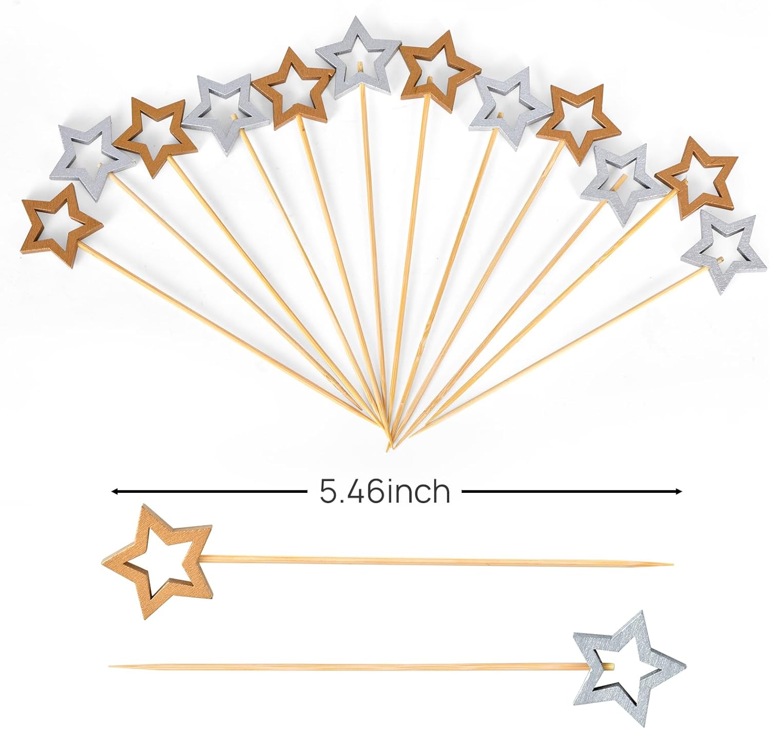 100 Pack Star Toothpicks for Appetizers, 5.5 Inch Natural Bamboo Cocktail Picks for Cake Dessert Food Fruit Christmas Party Decorations (Two-Color)