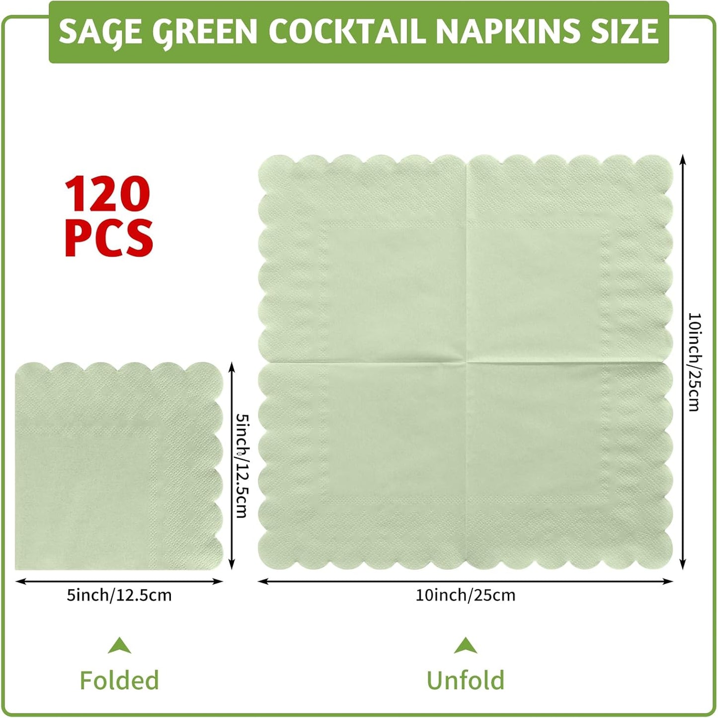 120 Pcs Cocktail Napkins Sage Green Wedding Napkins Disposable Baby Shower Scalloped Napkins for Bridal Shower, Birthday, 5 x 5 Inch