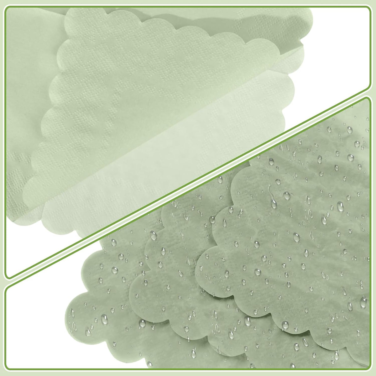 120 Pcs Cocktail Napkins Sage Green Wedding Napkins Disposable Baby Shower Scalloped Napkins for Bridal Shower, Birthday, 5 x 5 Inch
