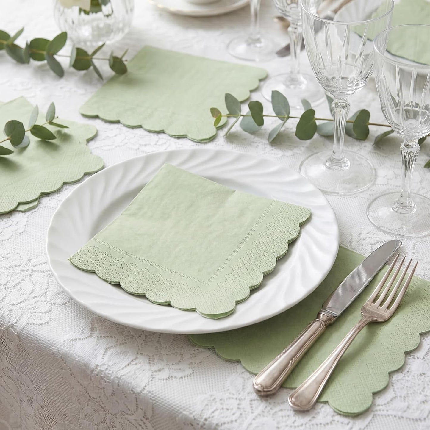 120 Pcs Cocktail Napkins Sage Green Wedding Napkins Disposable Baby Shower Scalloped Napkins for Bridal Shower, Birthday, 5 x 5 Inch