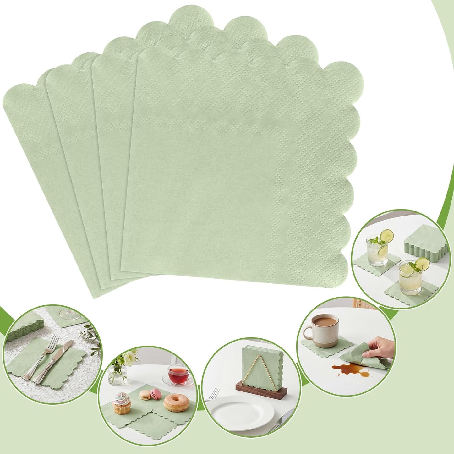 120 Pcs Cocktail Napkins Sage Green Wedding Napkins Disposable Baby Shower Scalloped Napkins for Bridal Shower, Birthday, 5 x 5 Inch