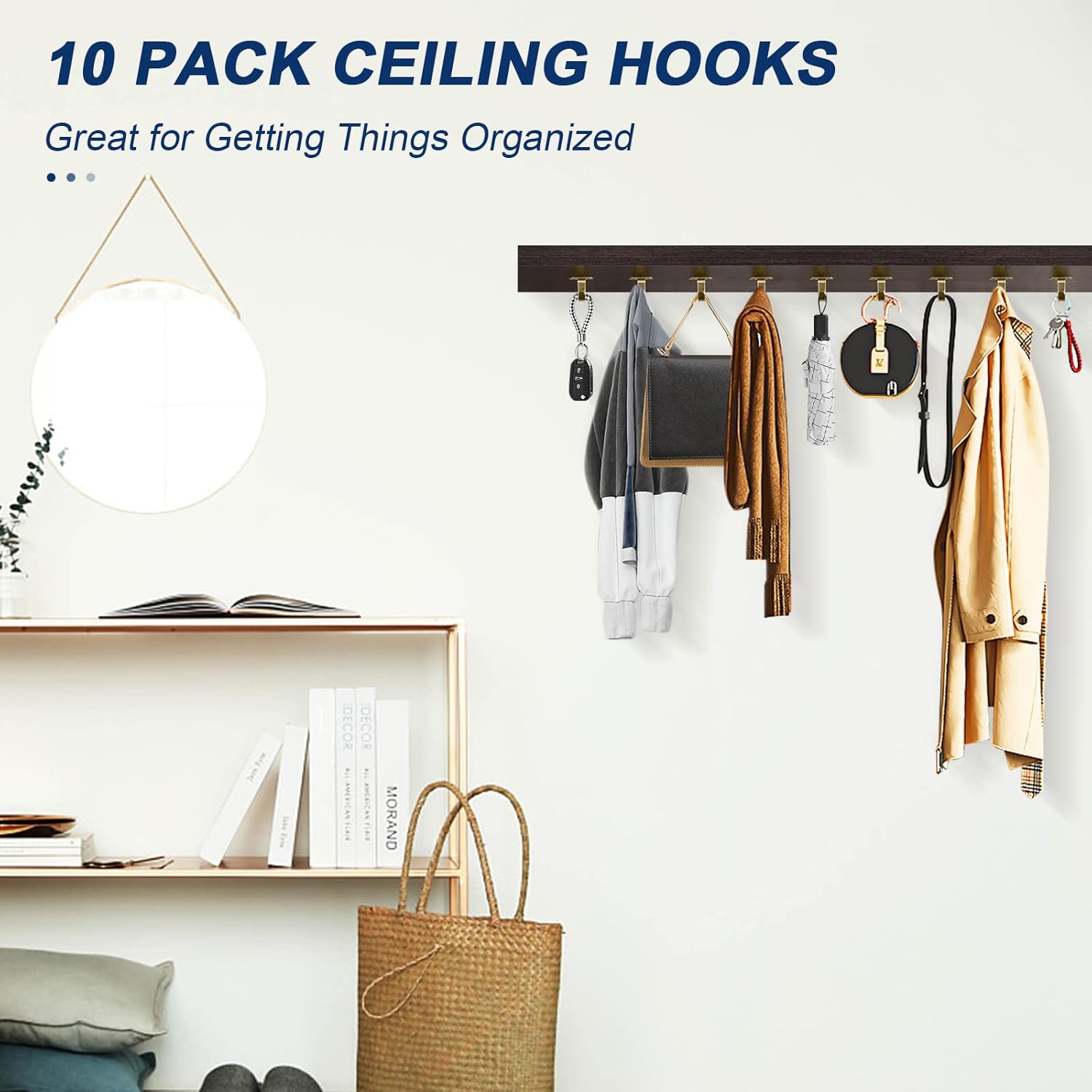 Stainless Steel Screw Mounted Ceiling Hooks, Under-Shelf Towel/Robe Clothes Hook Heavy Duty Coat Hanger for Bathroom Kitchen Cabinet Garage, 10 Pack (Brushed Gold)