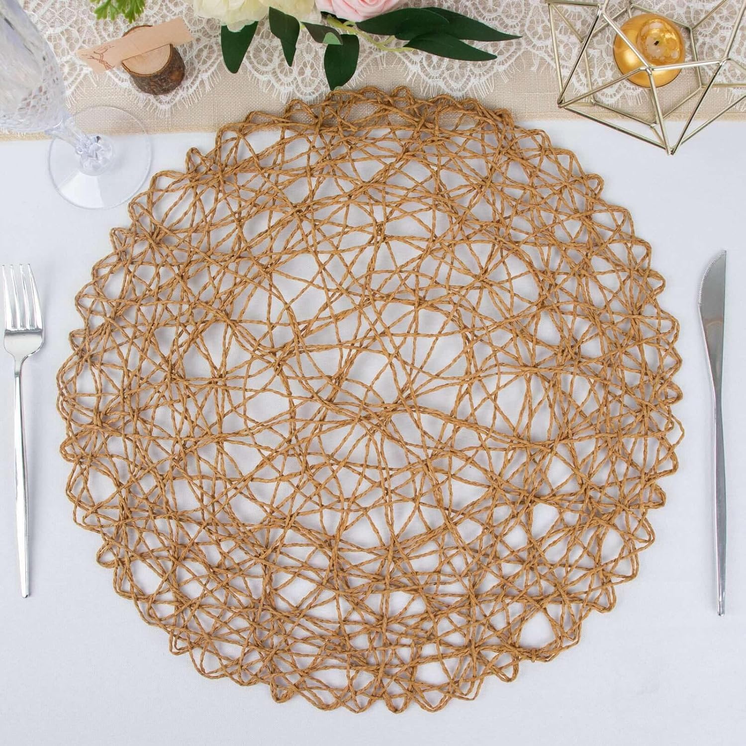 Efavormart 6 Pack 15" Natural Metallic String Round Placemats for Wedding Events Birthday Party