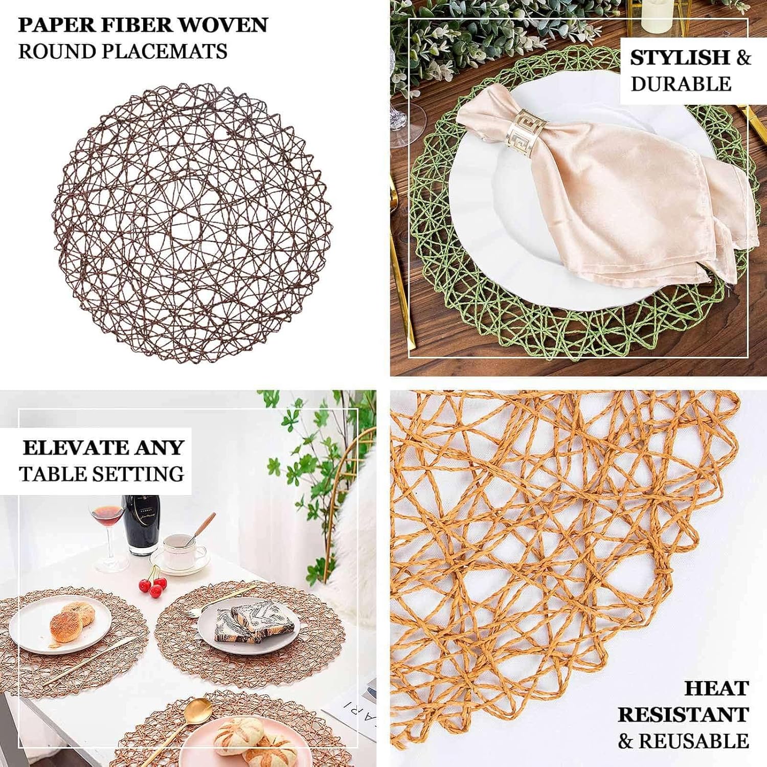 Efavormart 6 Pack 15" Natural Metallic String Round Placemats for Wedding Events Birthday Party