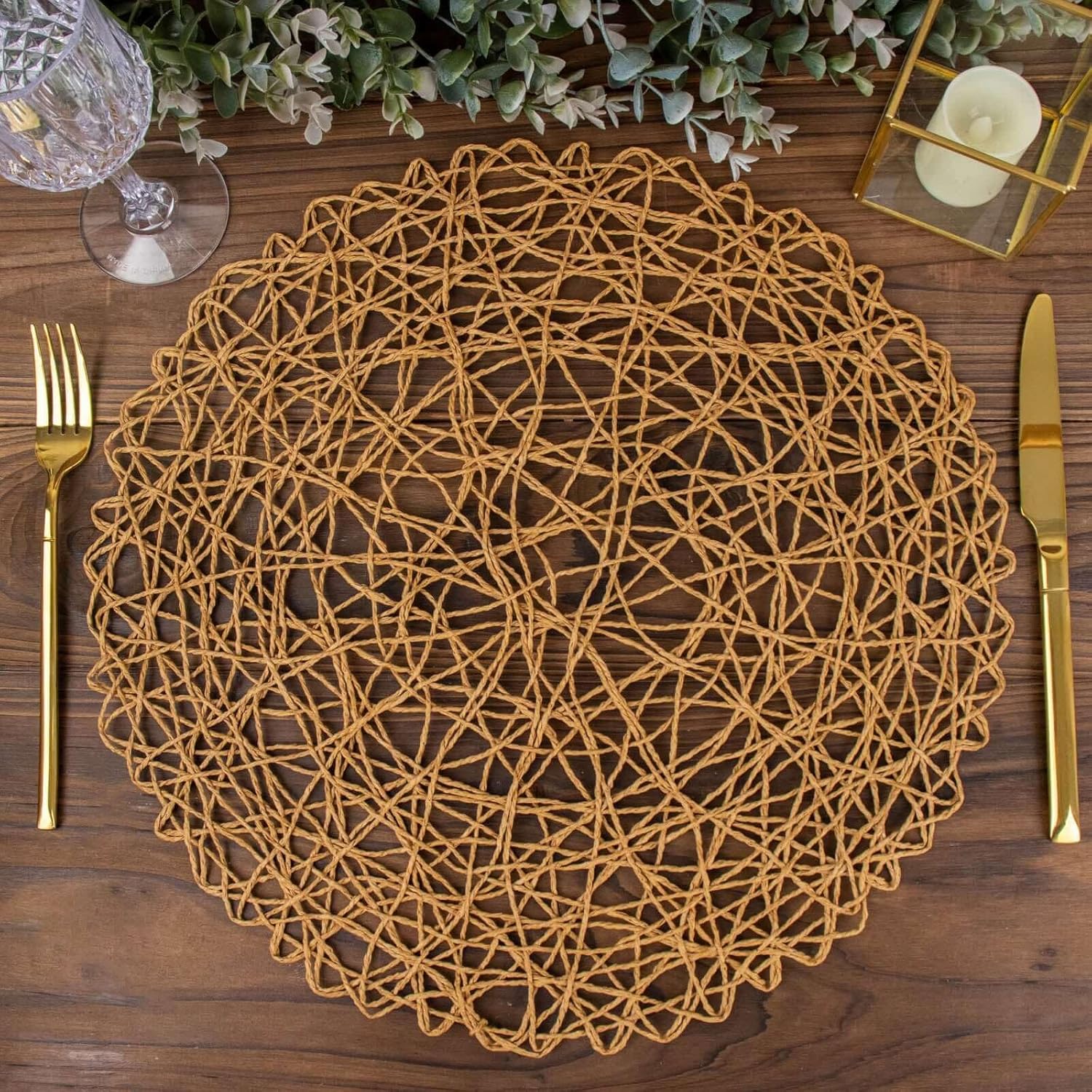 Efavormart 6 Pack 15" Natural Metallic String Round Placemats for Wedding Events Birthday Party