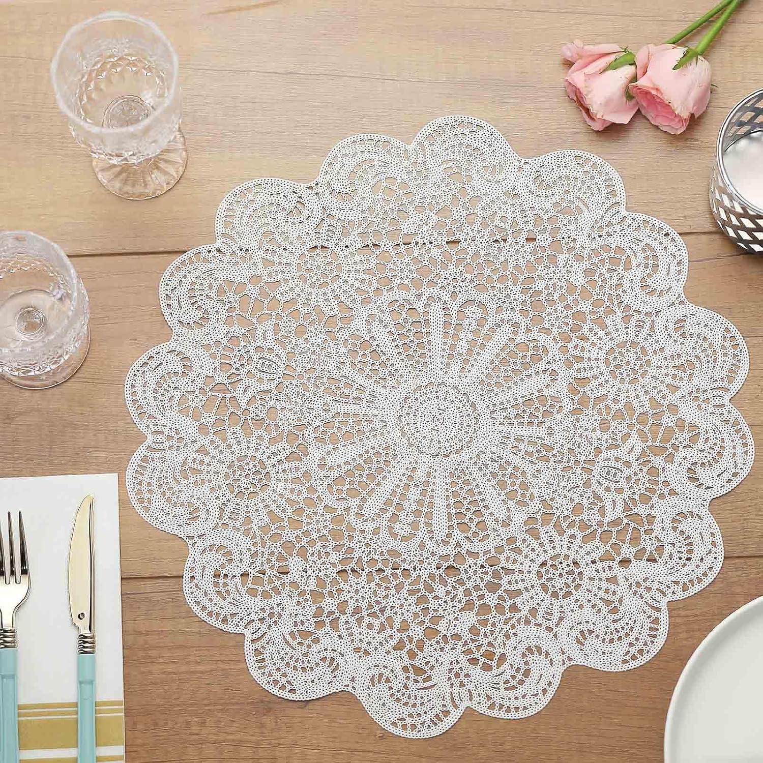 Efavormart 6 Pack 15" White Vintage Floral Vinyl Placemats - Non-Slip Round Metallic Lace Cutout Dining Mats for Wedding Events and Birthday Party Decor