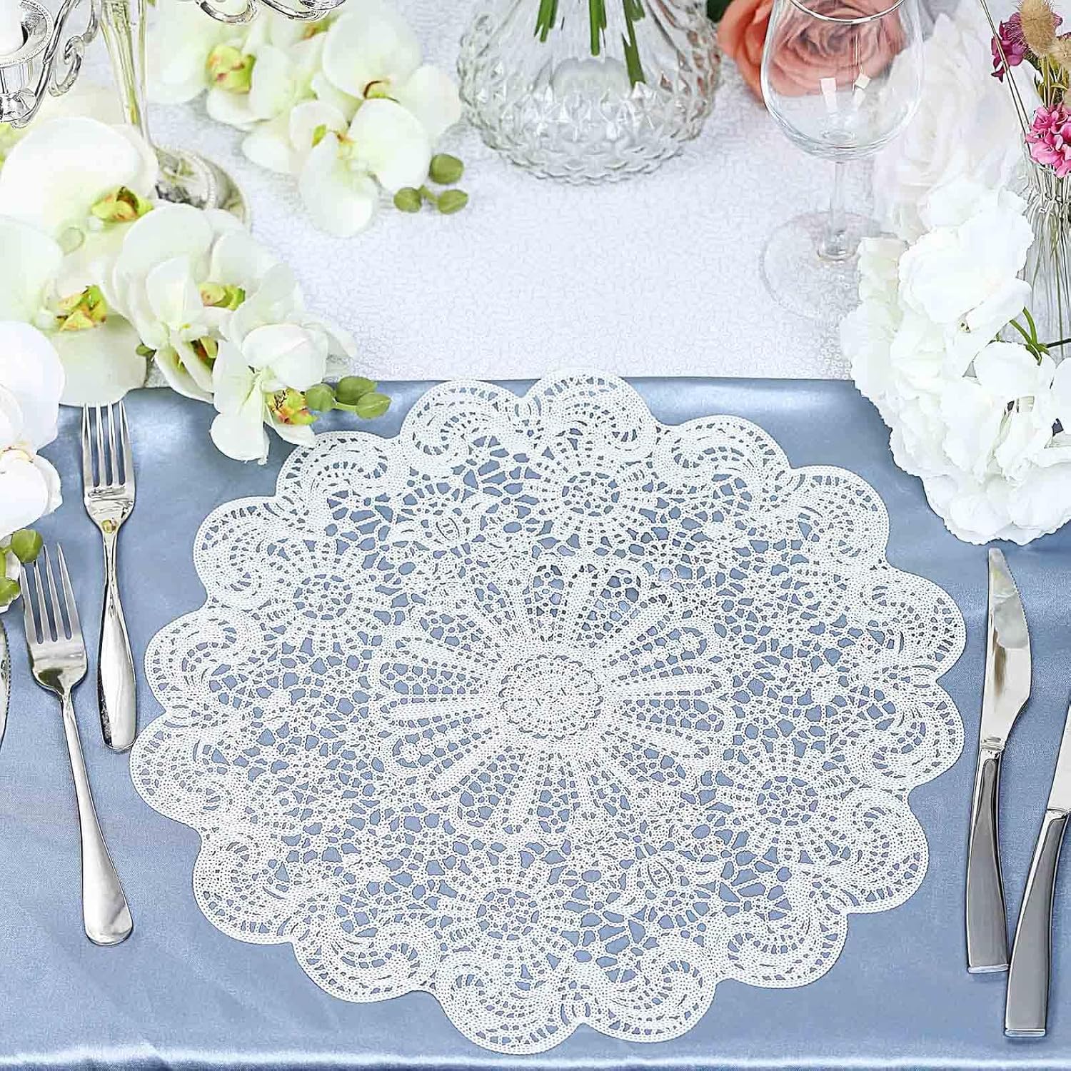 Efavormart 6 Pack 15" White Vintage Floral Vinyl Placemats - Non-Slip Round Metallic Lace Cutout Dining Mats for Wedding Events and Birthday Party Decor