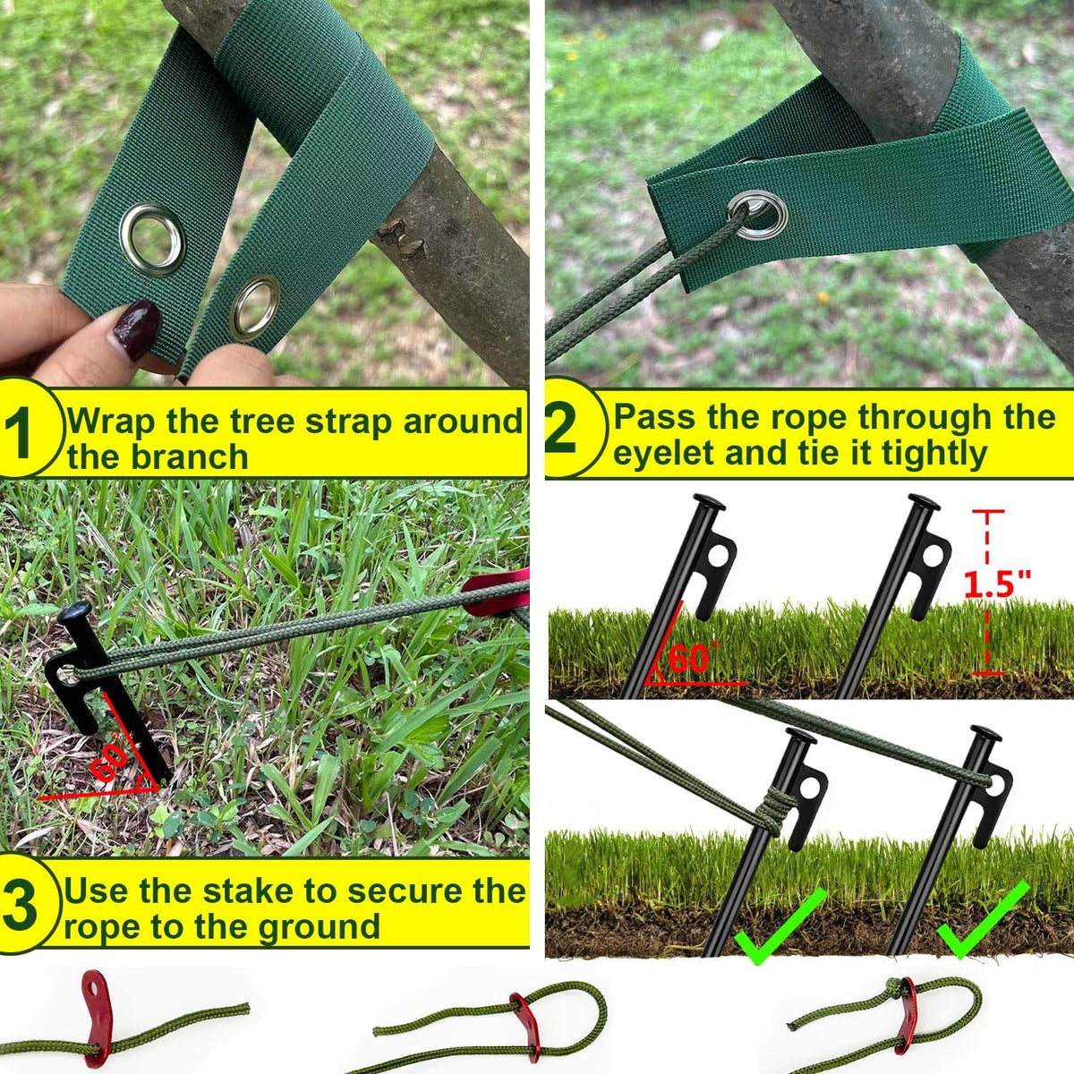 Tree Stakes and Supports, Heavy Duty Tree Stakes Kit Include 3Pcs Tree Straps for Staking, 3Pcs 12" Steel Spikes, and 39Ft Rope, Tree Supports for Young Tree Anti Strong Wind, Bad Weather