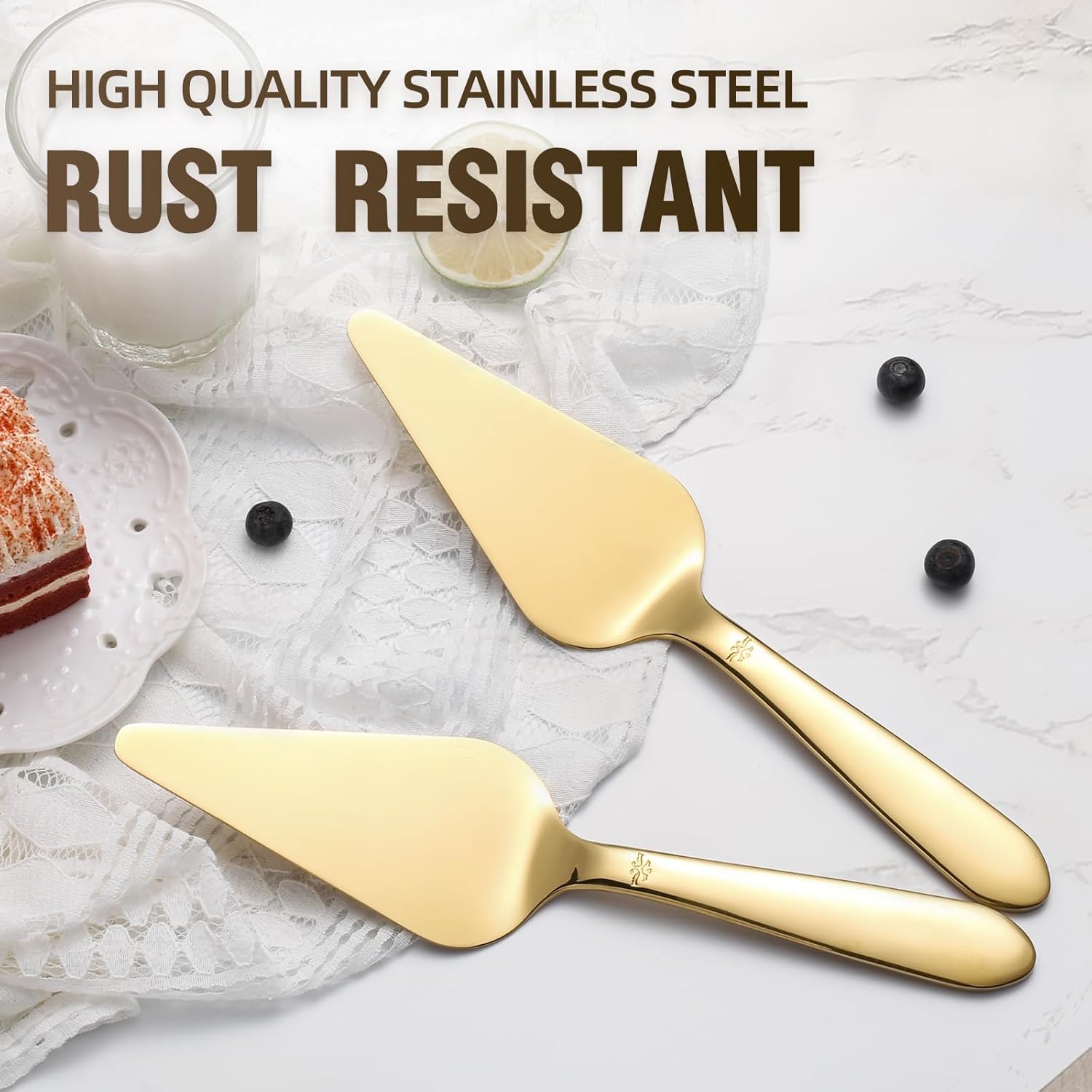 Cake Server, Wedding Cake Cutting Set 2 Piece Gold Cake Cutter, Stainless Steel Pie Server with Smooth Edge and Exquisite Pattern Design for Pastry Pizza Dessert