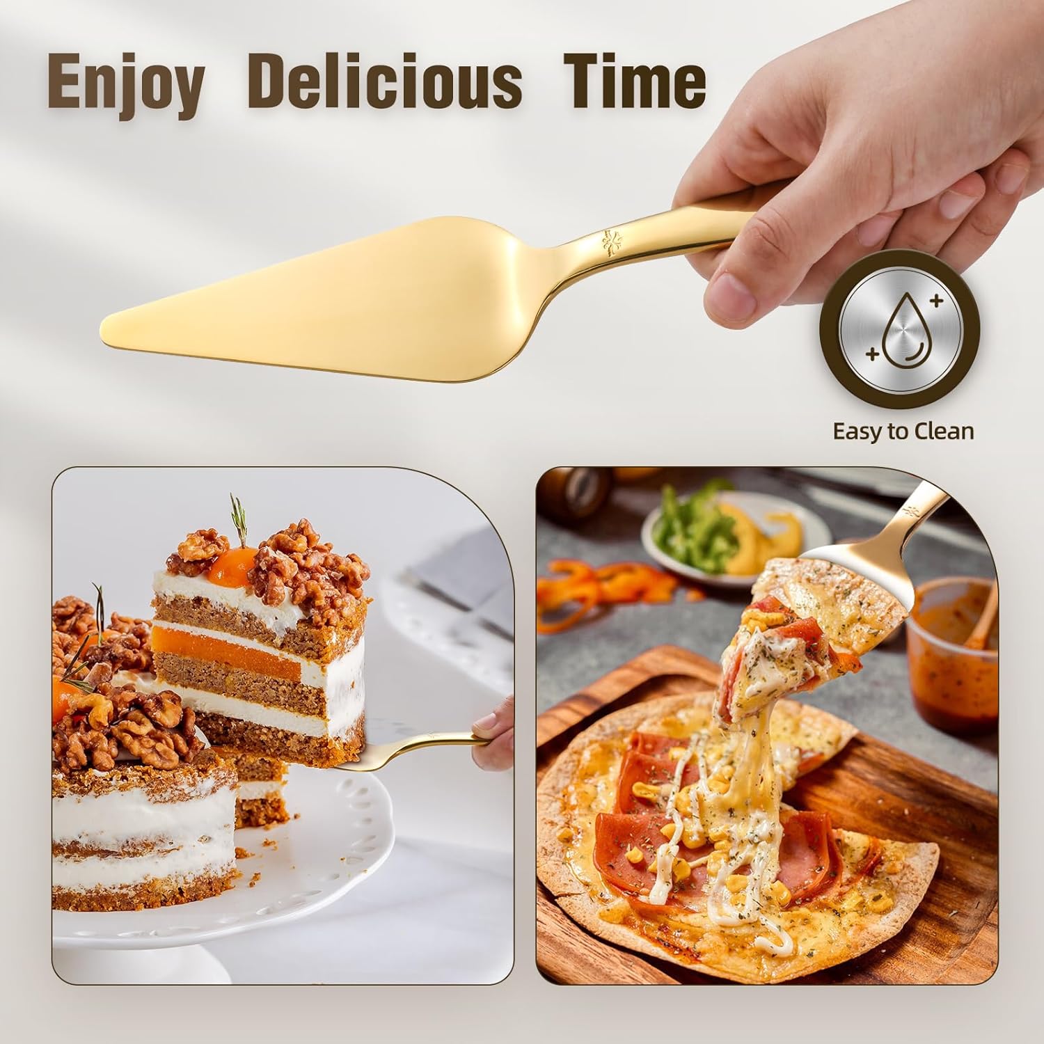Cake Server, Wedding Cake Cutting Set 2 Piece Gold Cake Cutter, Stainless Steel Pie Server with Smooth Edge and Exquisite Pattern Design for Pastry Pizza Dessert