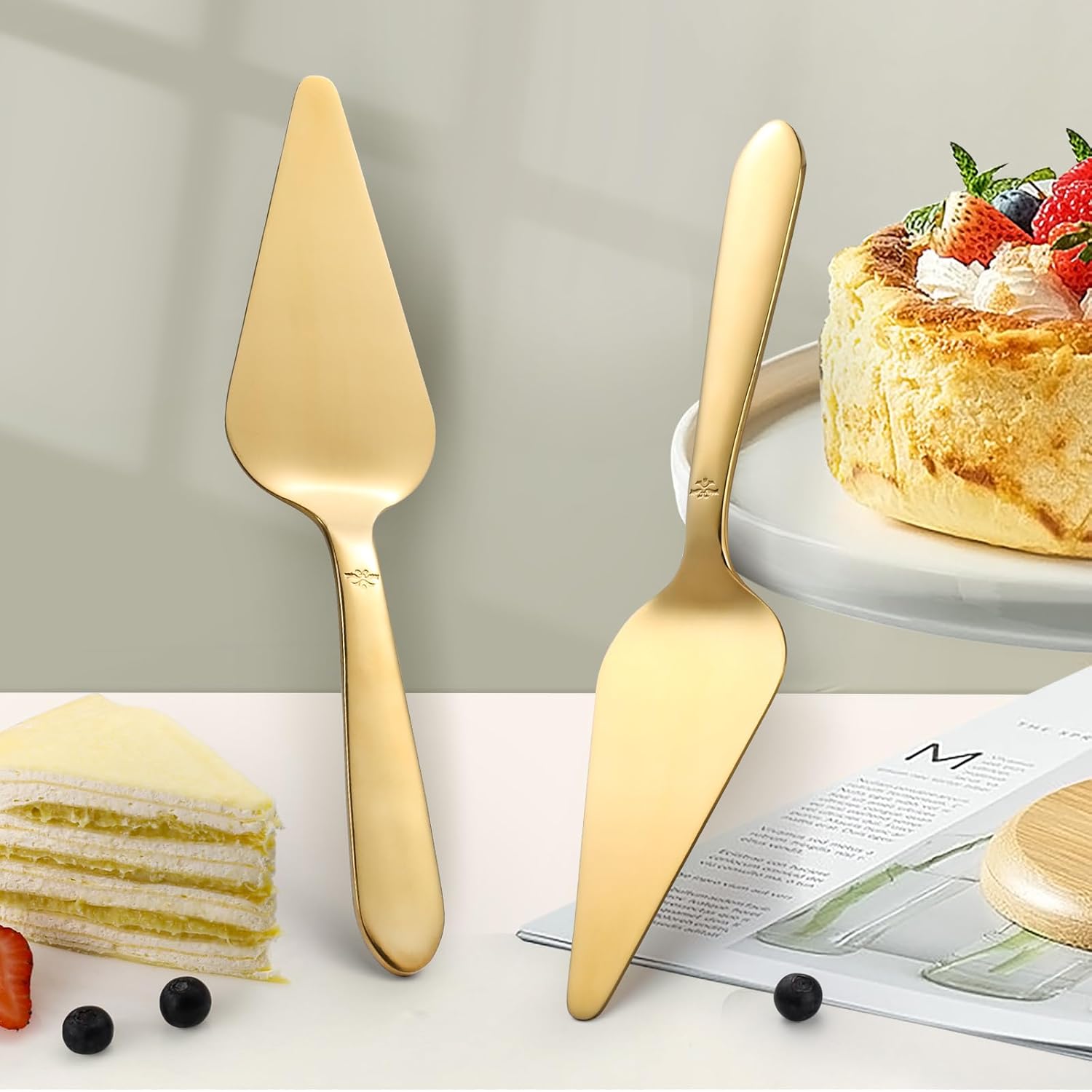 Cake Server, Wedding Cake Cutting Set 2 Piece Gold Cake Cutter, Stainless Steel Pie Server with Smooth Edge and Exquisite Pattern Design for Pastry Pizza Dessert