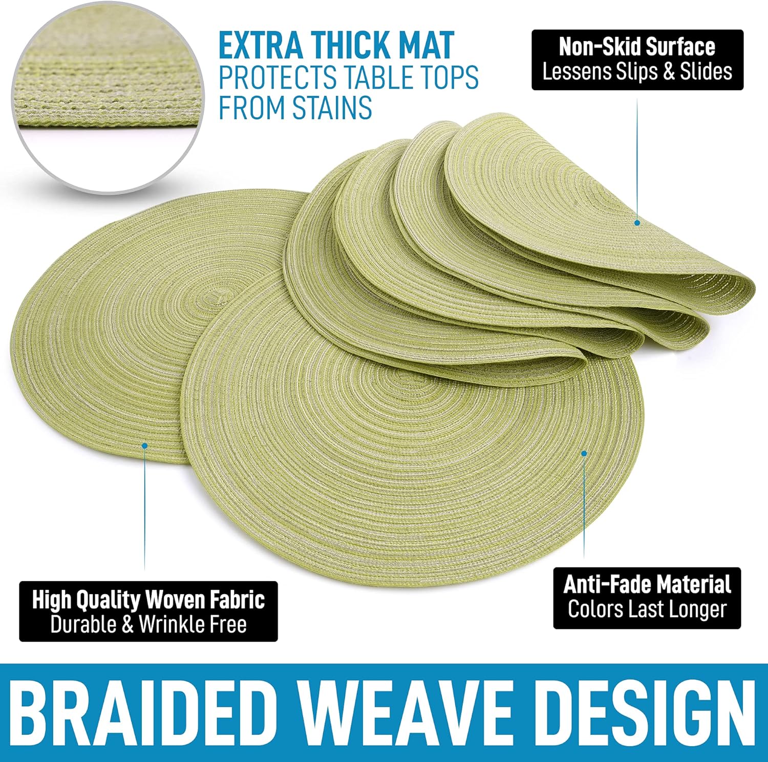 15 Inch Round Placemats for Dining Table Set of 6 - Braided Round Place Mats & Anti-Skid Placemat - Heat Resistant Round Woven Placemats & Table Mats for Dining (Green)