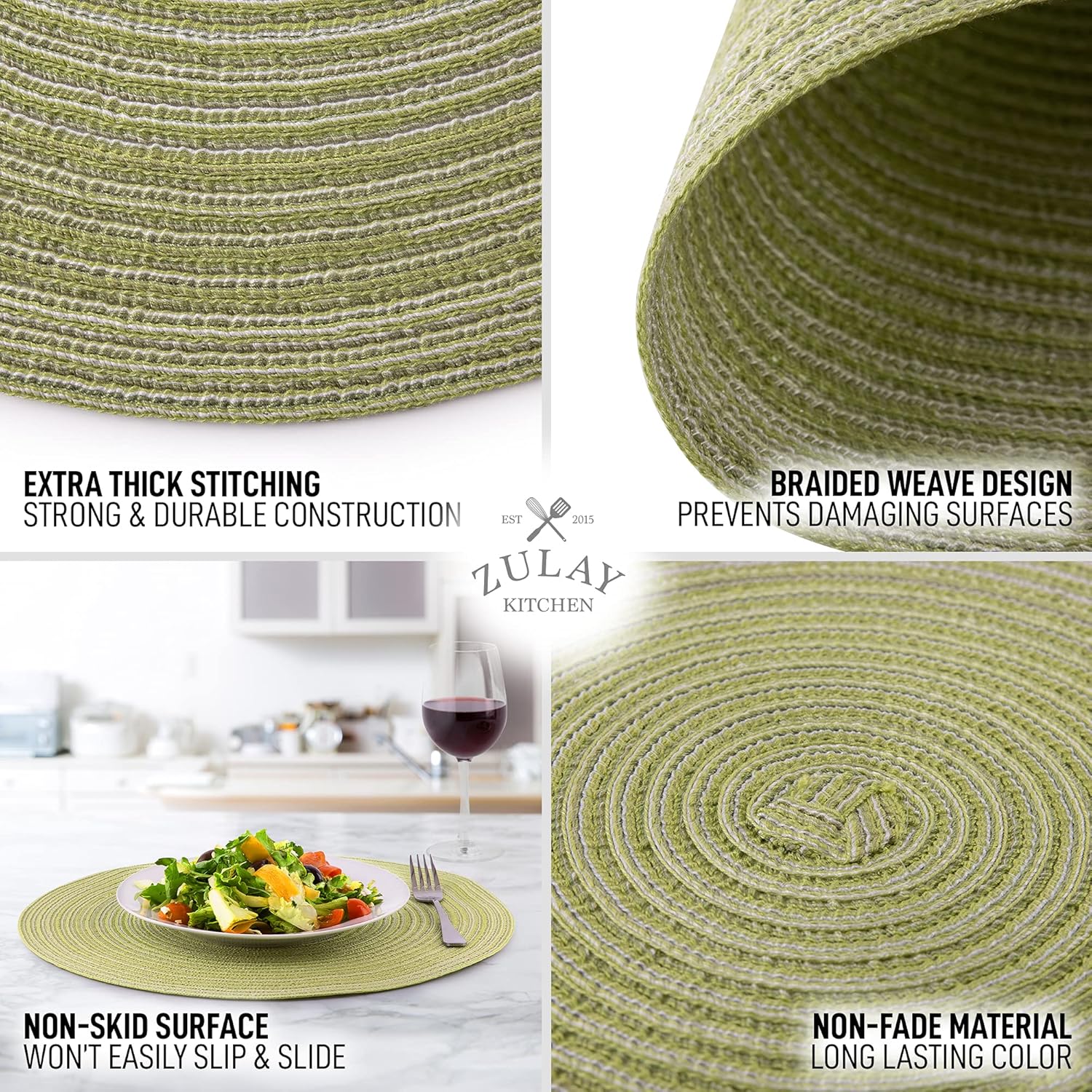 15 Inch Round Placemats for Dining Table Set of 6 - Braided Round Place Mats & Anti-Skid Placemat - Heat Resistant Round Woven Placemats & Table Mats for Dining (Green)