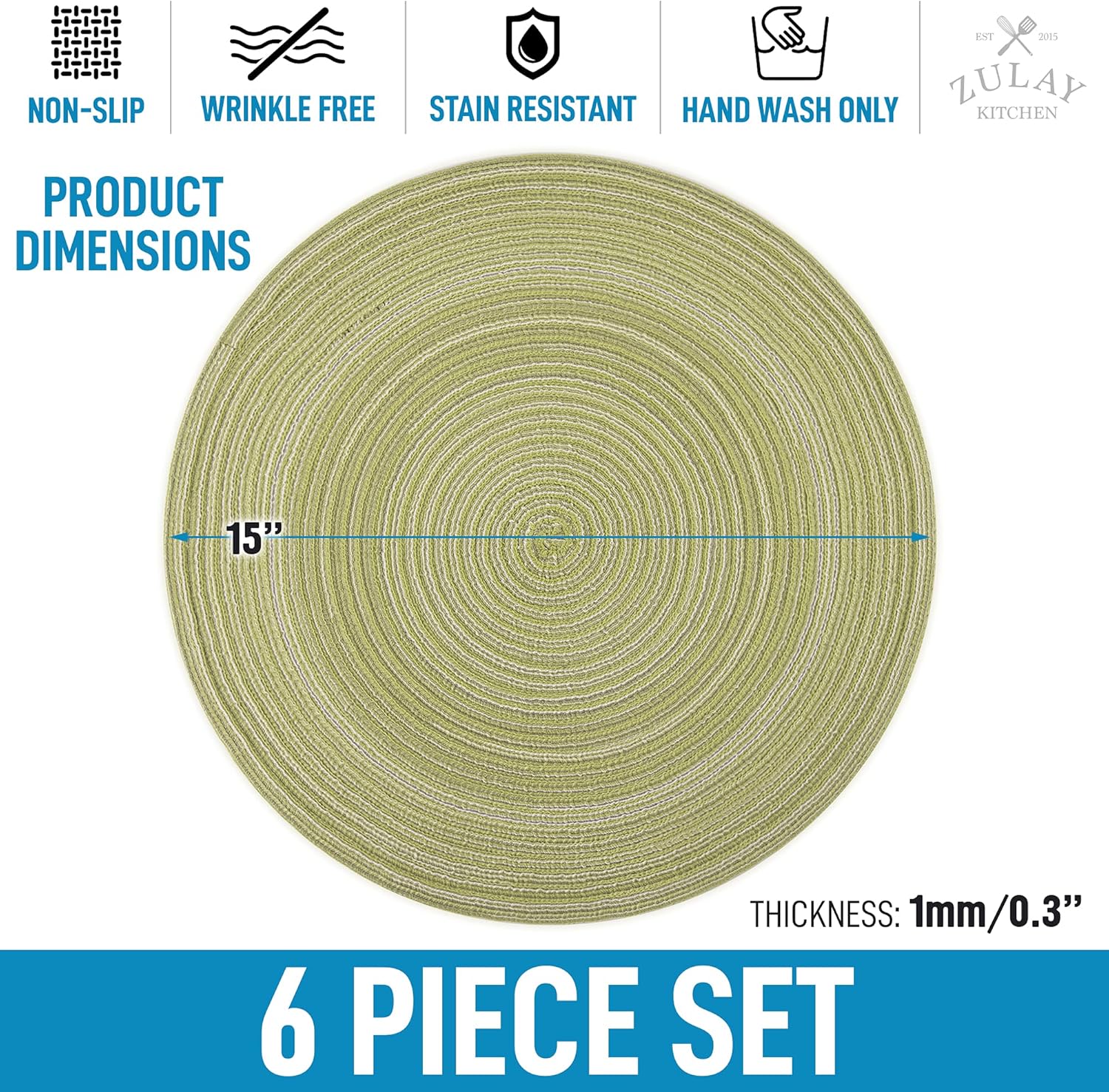 15 Inch Round Placemats for Dining Table Set of 6 - Braided Round Place Mats & Anti-Skid Placemat - Heat Resistant Round Woven Placemats & Table Mats for Dining (Green)