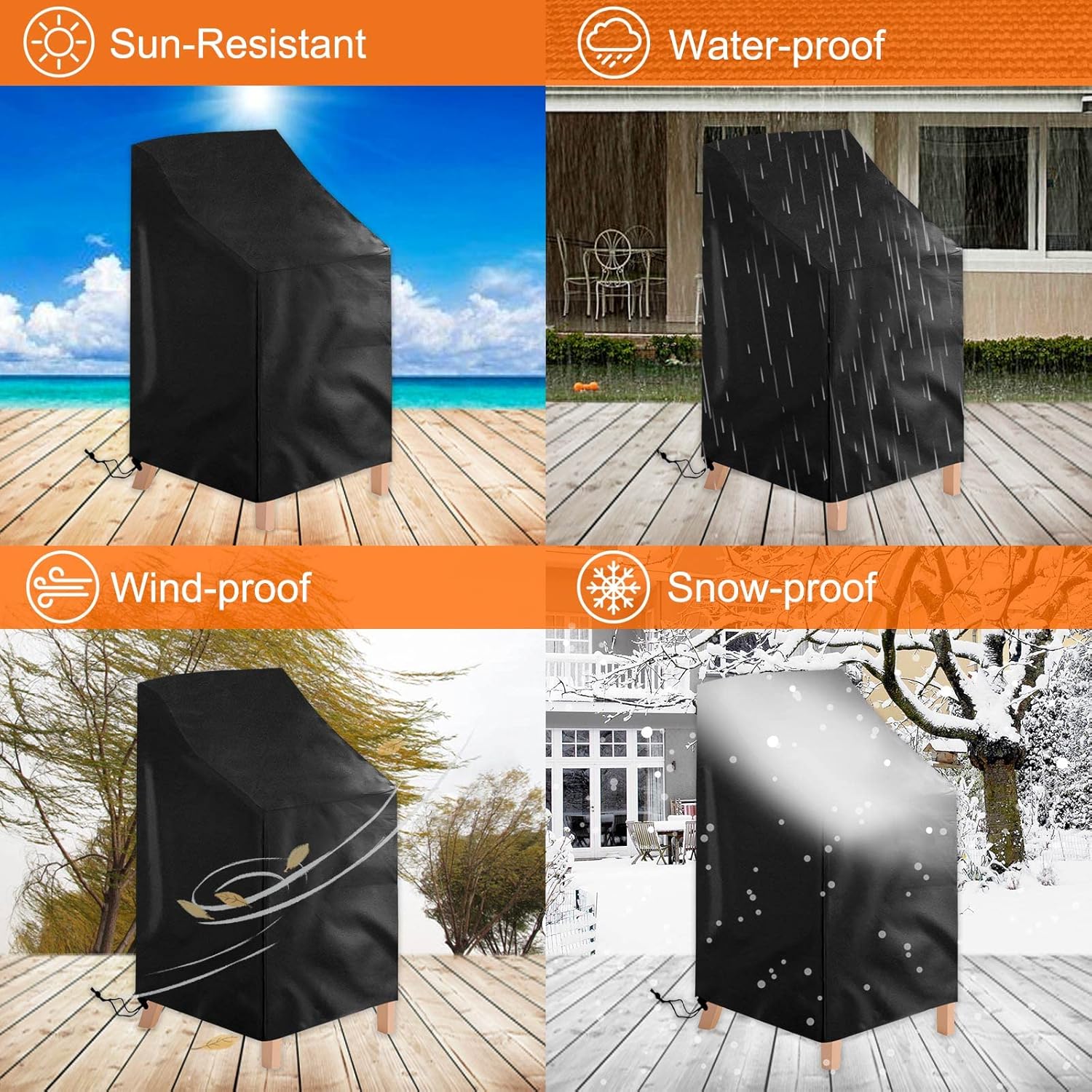 2 Pack Waterproof Outdoor Furniture Covers for Garden Cushions Stacking Chairs Black