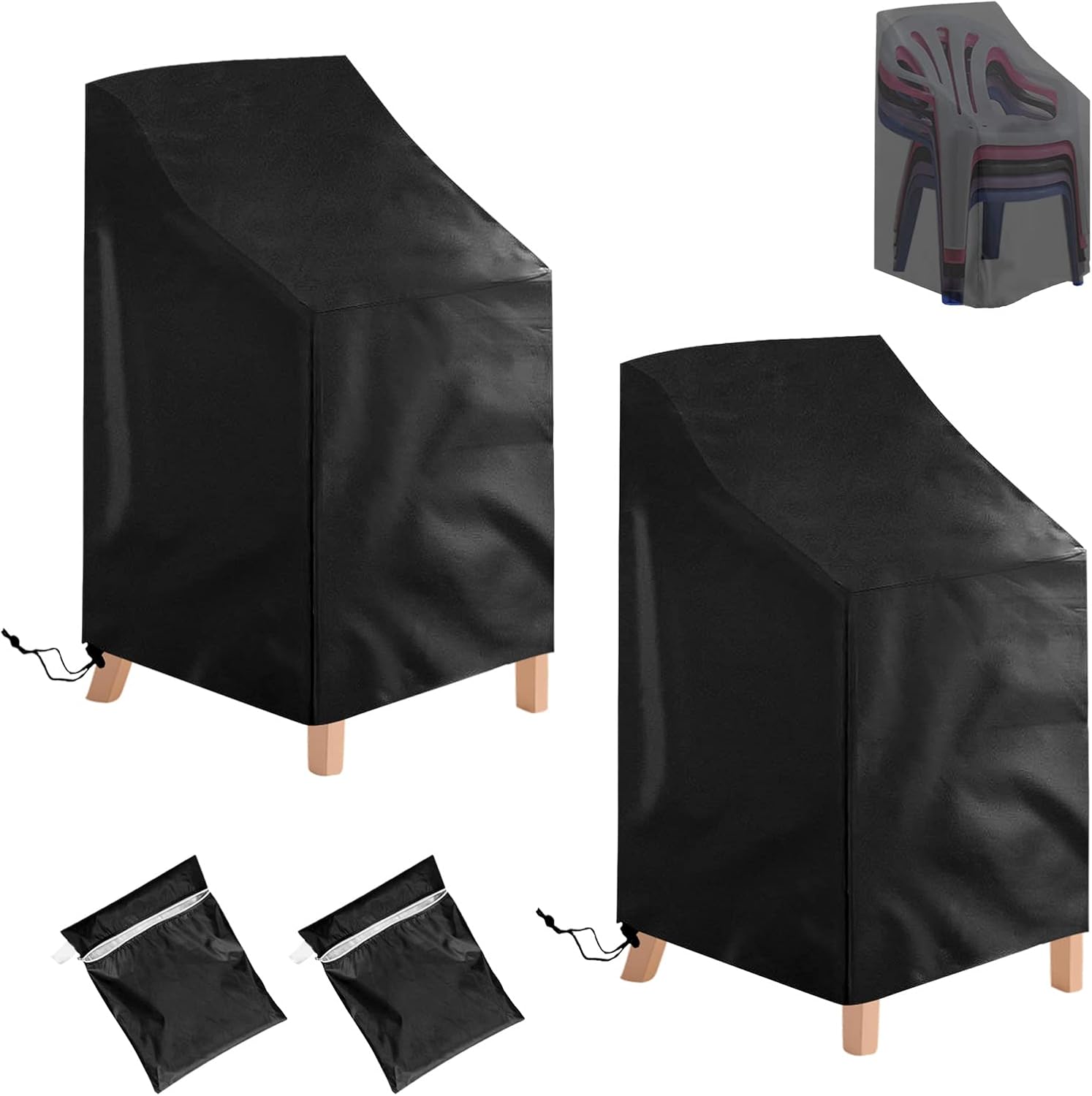 2 Pack Waterproof Outdoor Furniture Covers for Garden Cushions Stacking Chairs Black