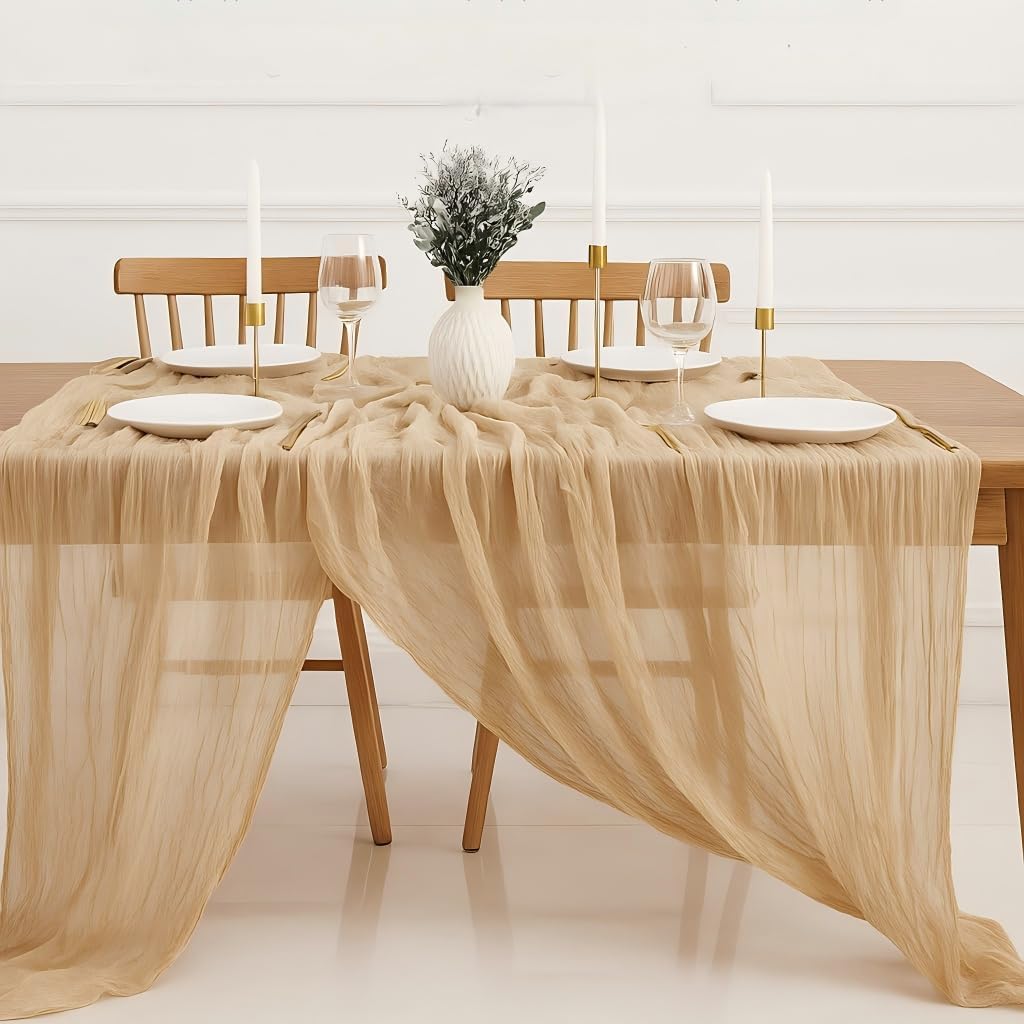 Cheesecloth Table Runner - 10FT Natural Linen Beige Gauze Fabric Table Decor for Wedding, Party, Dinner, Farmhouse or Boho Rustic Events