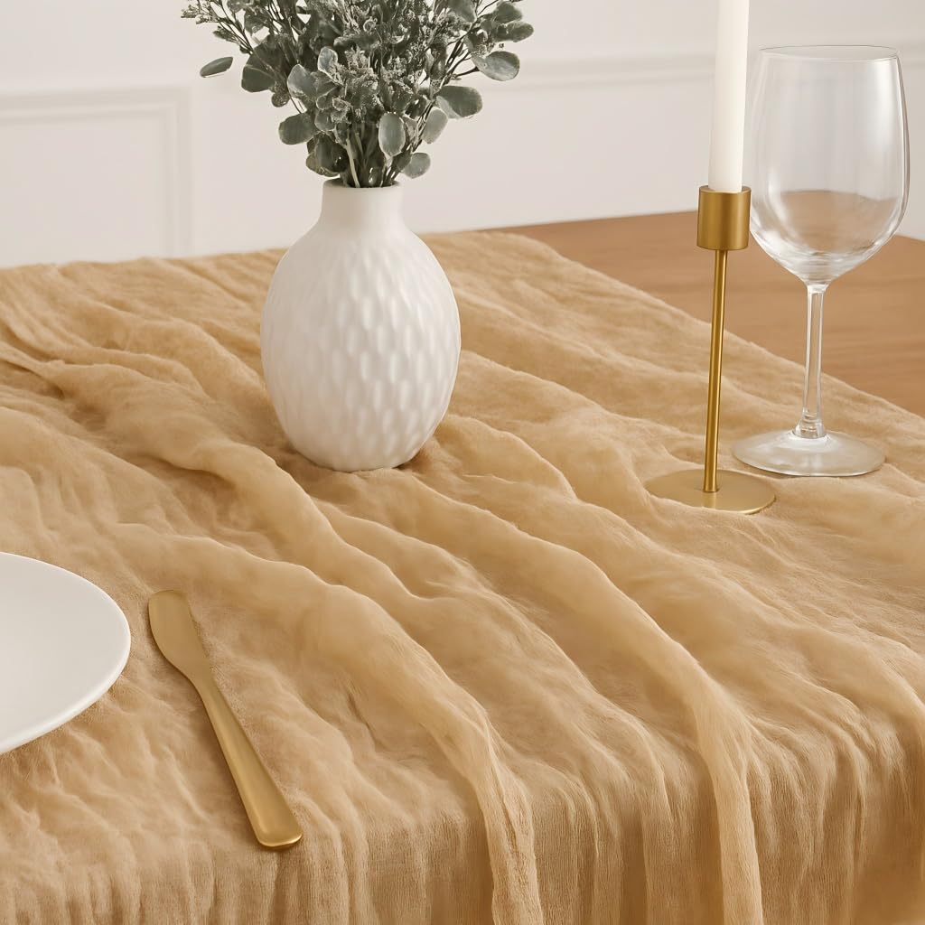 Cheesecloth Table Runner - 10FT Natural Linen Beige Gauze Fabric Table Decor for Wedding, Party, Dinner, Farmhouse or Boho Rustic Events