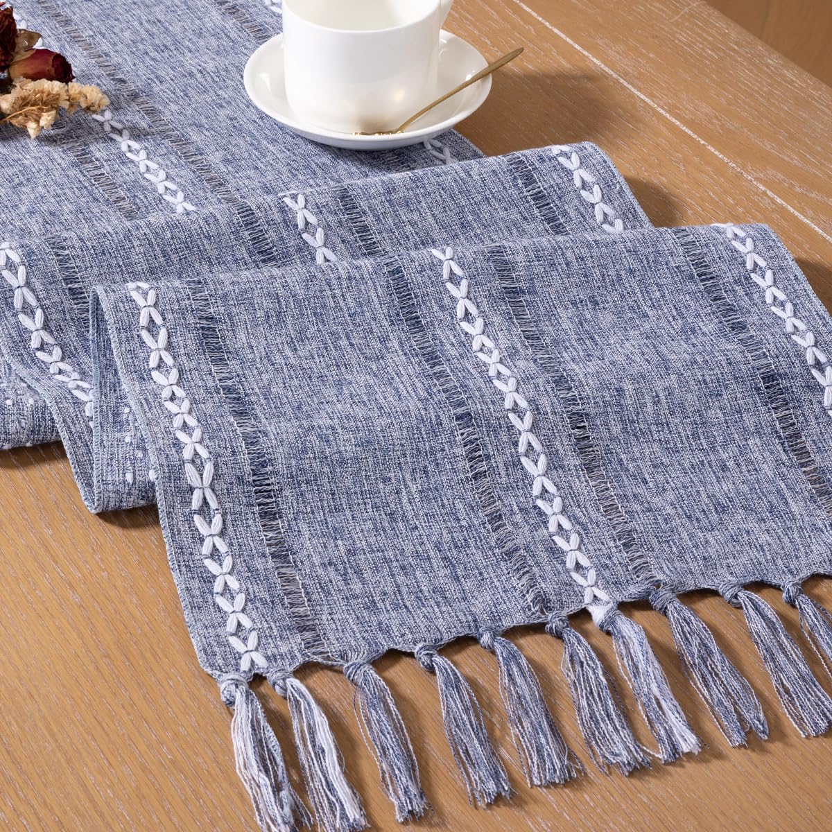 Farmhouse Table Runner 108 inches Macrame Woven Coffee Table Runner Cotton Rustic Fall Thanksgiving Table Runner with Tassels for Boho Home Decor Living Dining Room 13x108 inches Dusty Blue