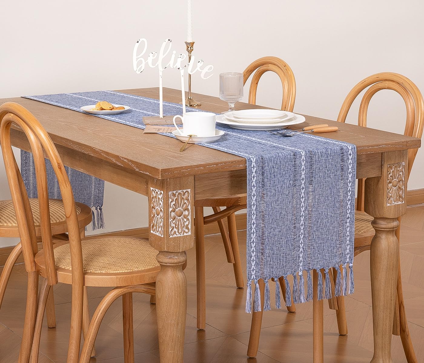 Farmhouse Table Runner 108 inches Macrame Woven Coffee Table Runner Cotton Rustic Fall Thanksgiving Table Runner with Tassels for Boho Home Decor Living Dining Room 13x108 inches Dusty Blue