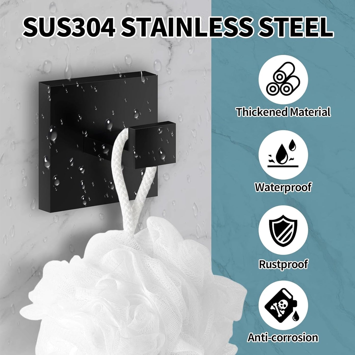 4 Pack Bathroom Towel Hooks, Screw-in Square Matte Black Wall Hooks Robe Hook, Anti-Rust SUS304 Stainless Steel Heavy-Duty Door Hanger Coat Hook, Sturdy for Bathroom/Bedroom/Kitchen/Hotel