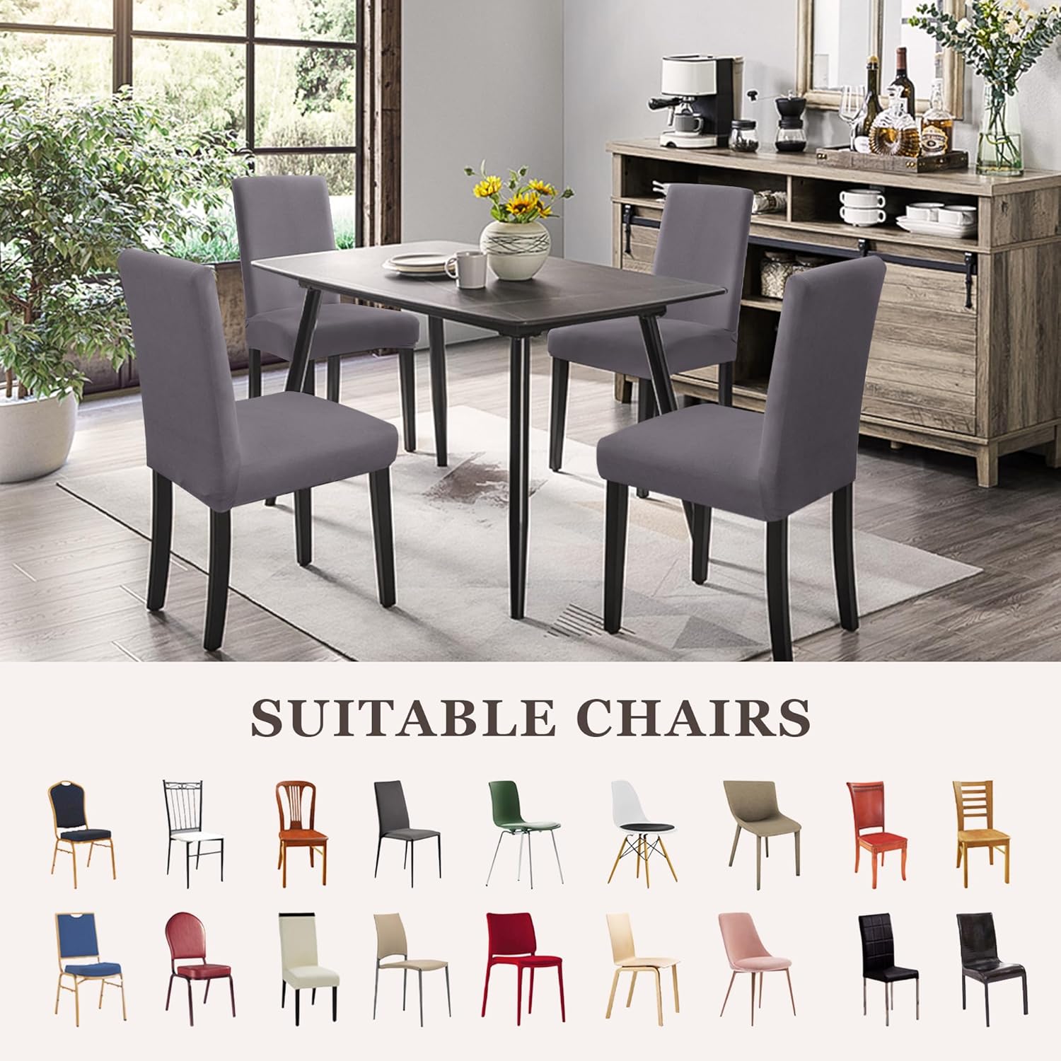 Dining Chair Covers,Kitchen Cover,Parsons Slipcover,Spandex Protectors for Room Stretch Chairs Cover Set of 4 -Gray