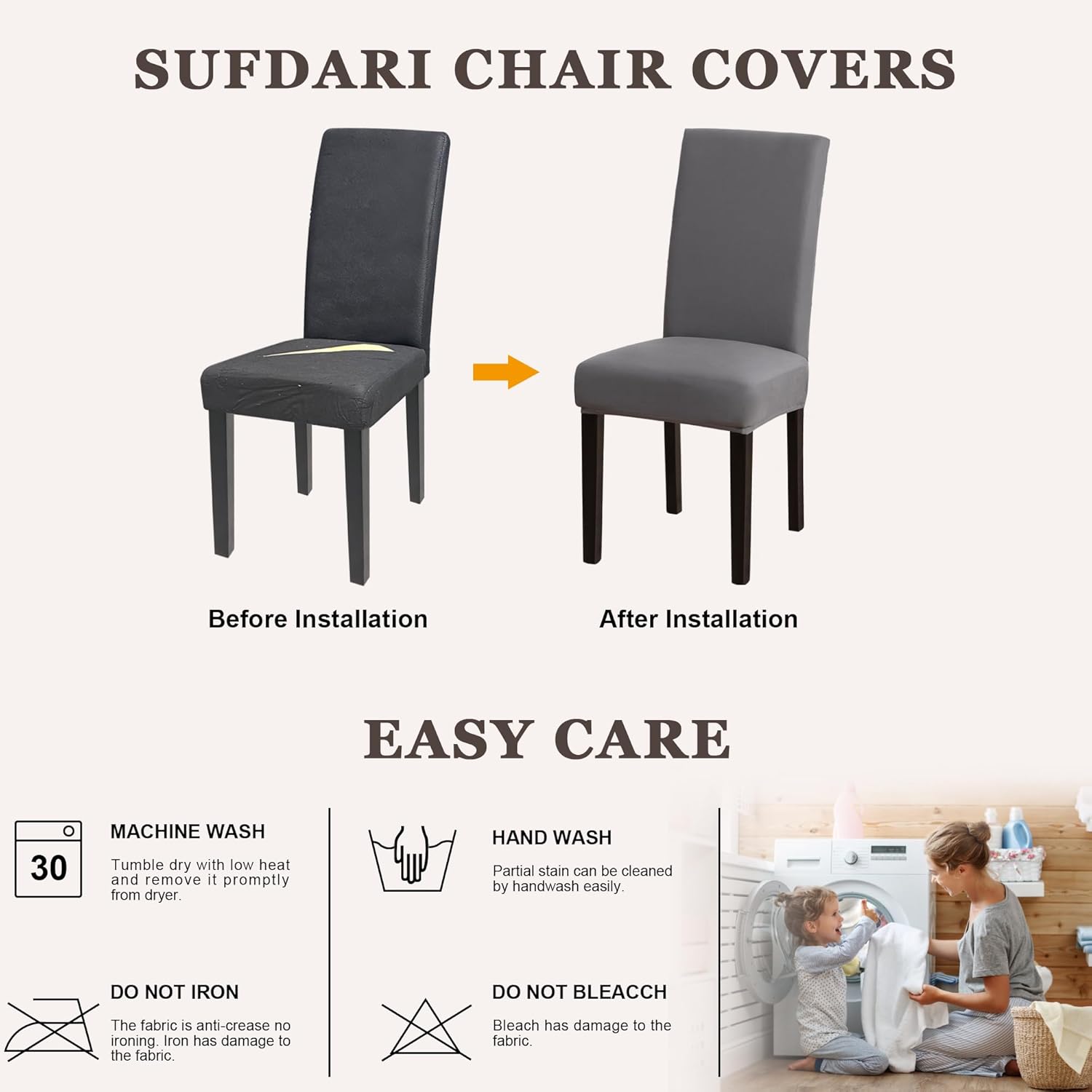 Dining Chair Covers,Kitchen Cover,Parsons Slipcover,Spandex Protectors for Room Stretch Chairs Cover Set of 4 -Gray