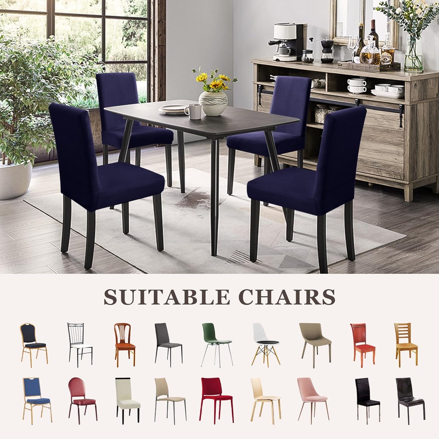 Dining Chair Covers,Kitchen Chair Cover,Parsons Chair Slipcover,Spandex Chair Protectors for Dining Room Stretch Chairs Cover Set of 4 -Navy Blue