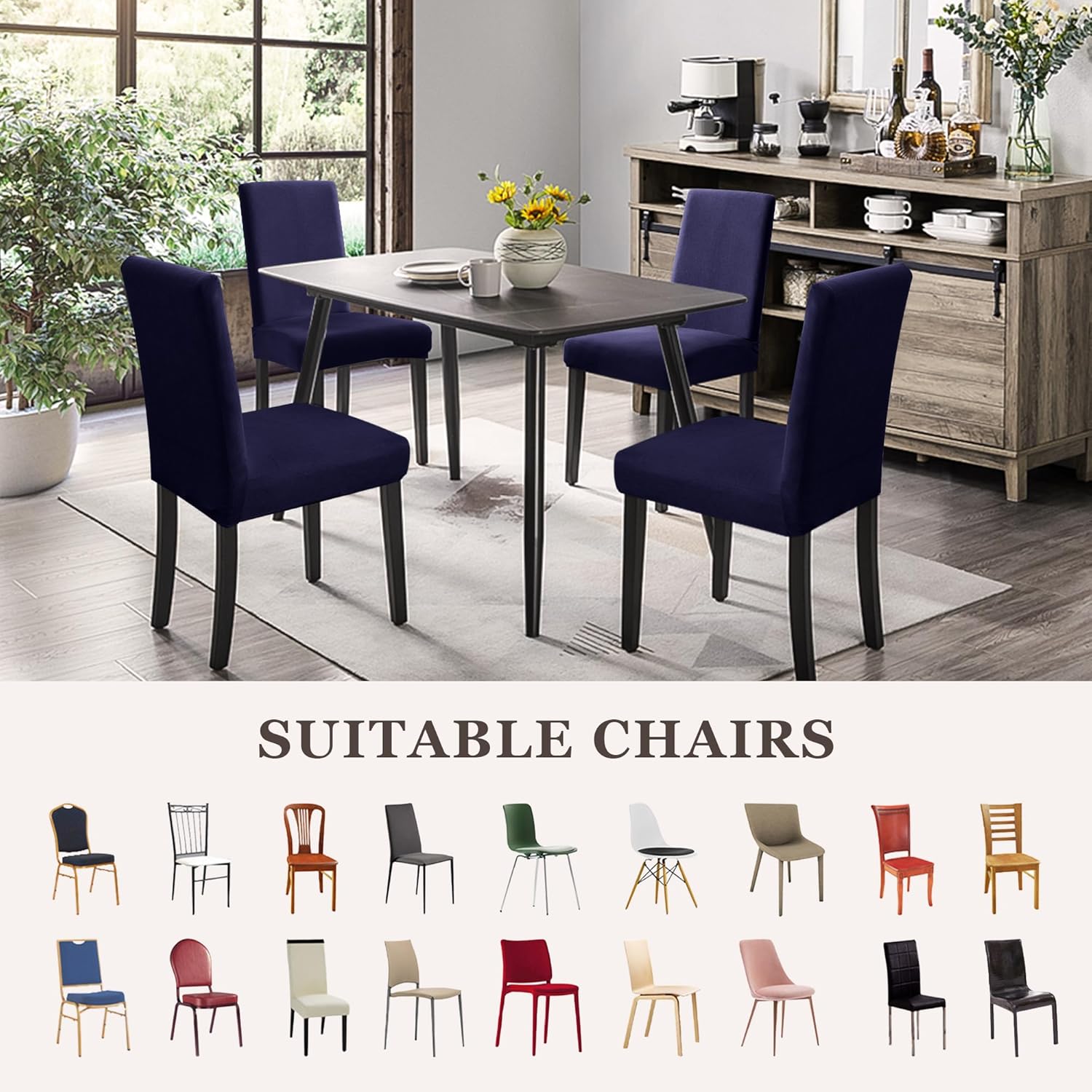 Dining Chair Covers,Kitchen Chair Cover,Parsons Chair Slipcover,Spandex Chair Protectors for Dining Room Stretch Chairs Cover Set of 4 -Navy Blue