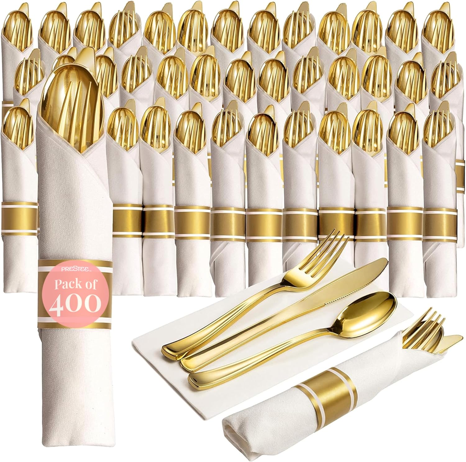 400 Pieces Gold Silverware Set for 100 Guests - Premium Pre Rolled Disposable Plastic Silverware Set with Napkins - Wrapped Utensils with Forks, Knives, Spoons, Napkins for Weddings and Events
