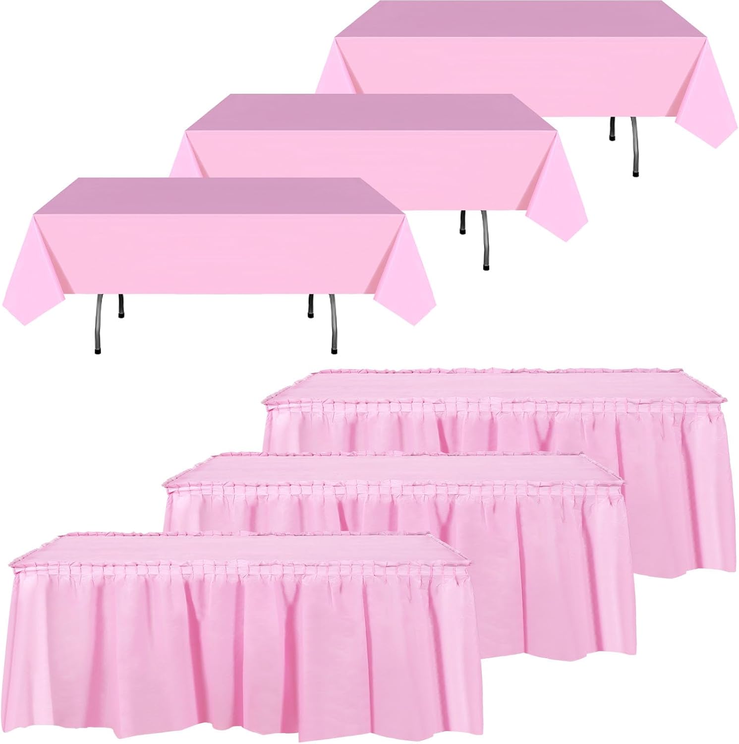 6 Pcs Plastic Table Skirts and Stainproof Table Cloths 54 x 108 in Plastic Tablecloth 168 x 29 Inches Disposable for Wedding Baby Shower Valentine Spring Easter Party(Pink)