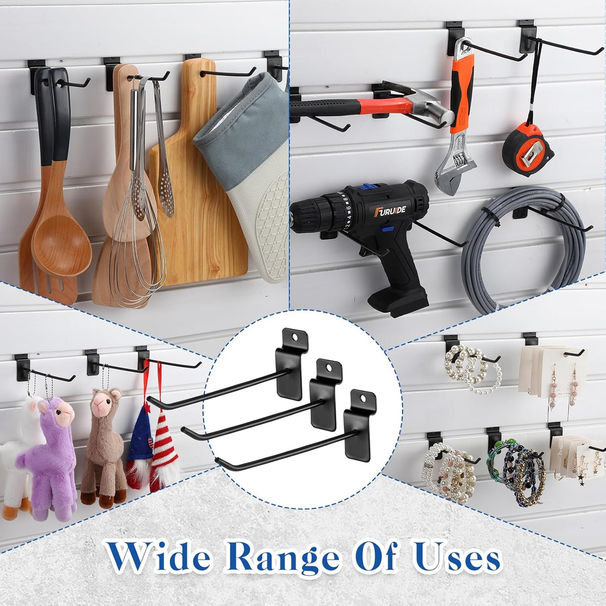 200 Pcs 6 Inches Slatwall Hooks Accessories Black Slat Wall Hanging Hangers Metal Retail Hooks Shelf Brackets Pegs for Pegboard Garage Display