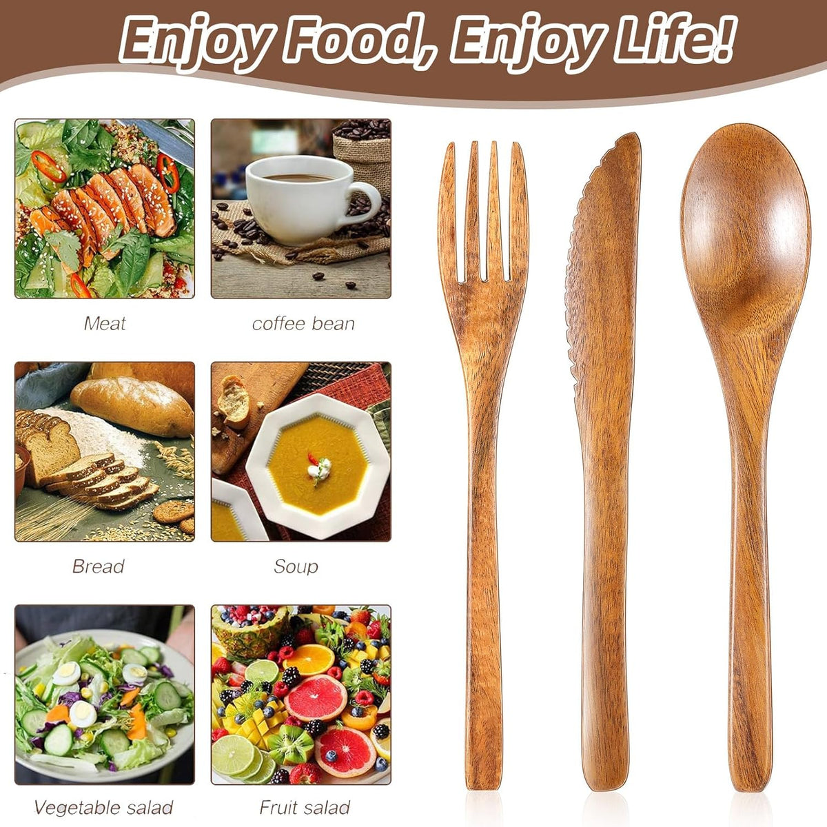 12 Pcs Wooden Utensils for Eating Set Wooden Spoon Fork Knife Cutlery Set Kitchen Wood Utensils Dinner Flatware Tableware (Teak Wood)